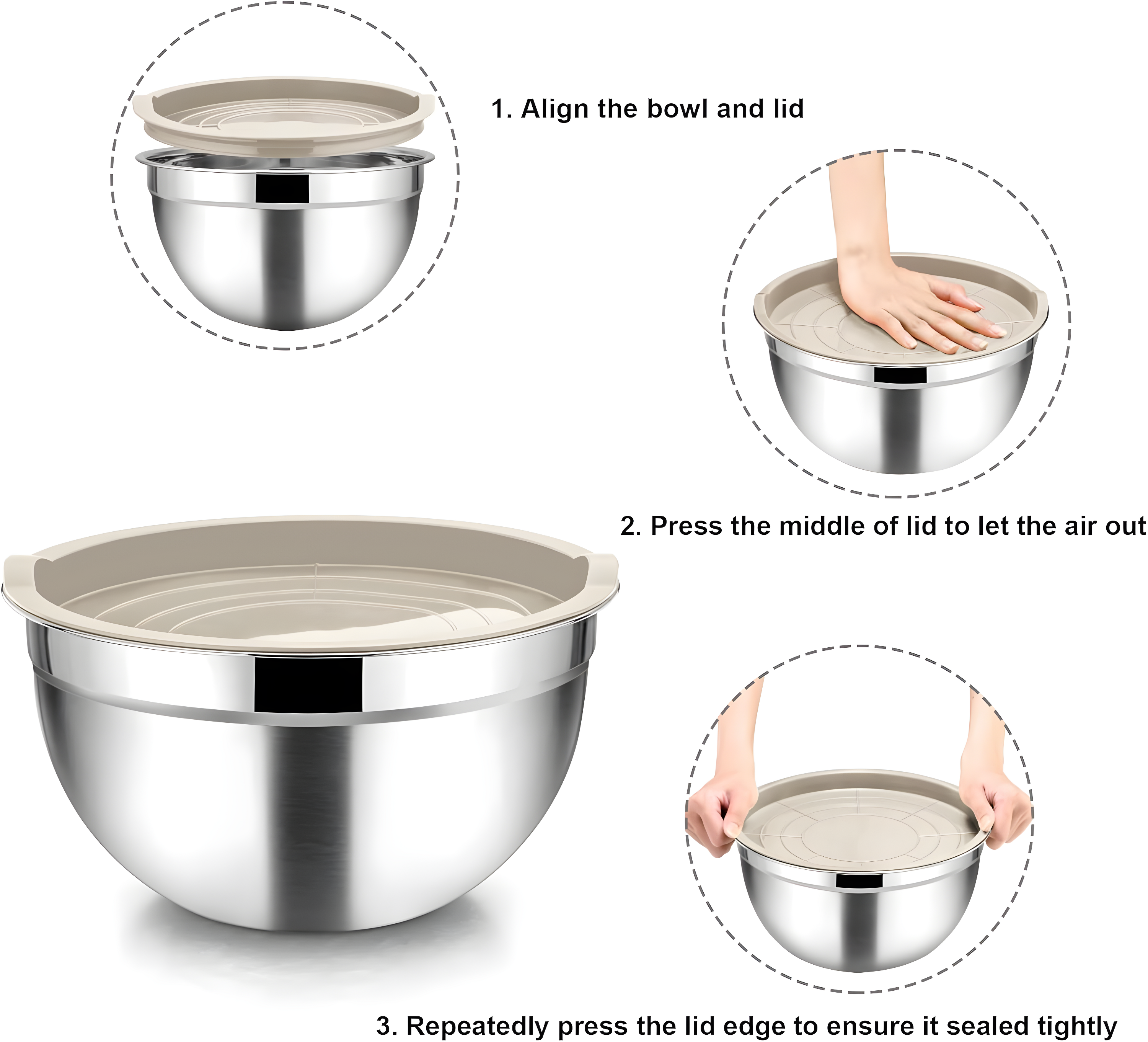 Toledo Bath & Kitchen Stainless Steel Mixing Bowls With Lids, 5-Pack Metal Nesting Bowls With Airtight Covers For Cooking, Baking, Serving, Storage, Non-Toxic & Dishwasher Safe, Size 4.6/3/1.5/1/0.7QT - Khaki