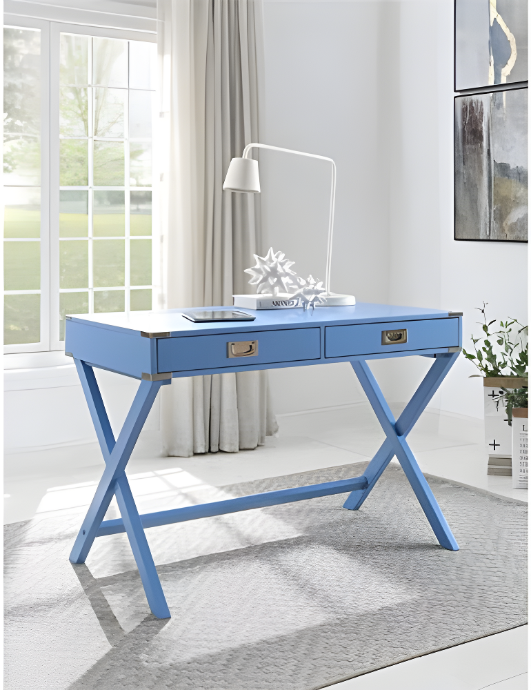 ACME Amenia Wooden Rectangular 2-Drawer Writing Desk with X-Shaped Base in Blue