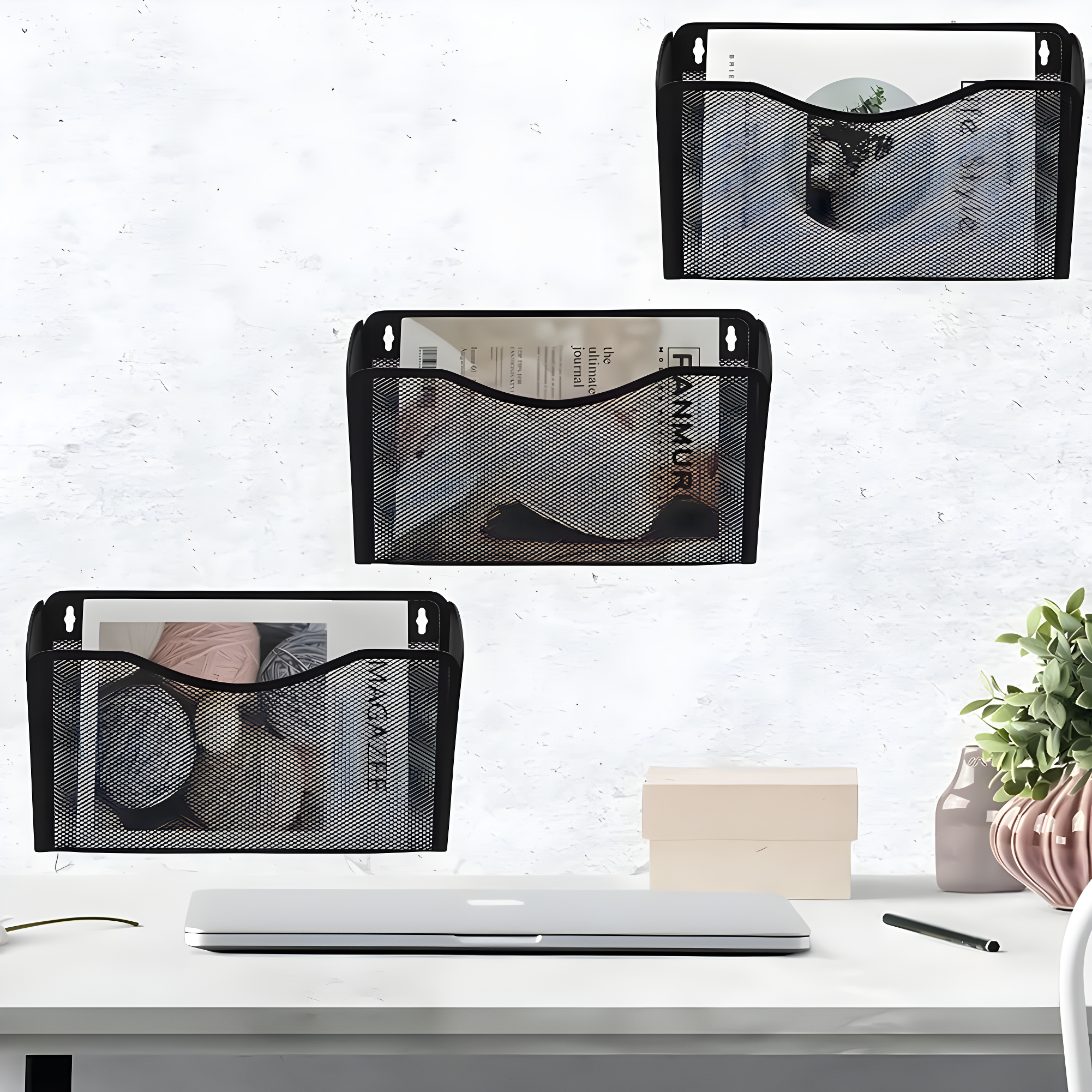 Mesh 3 Pack Wall Mounted File Holder Metal Hanging Vertical Wall File Pocket Organizer for Office and Home, Black