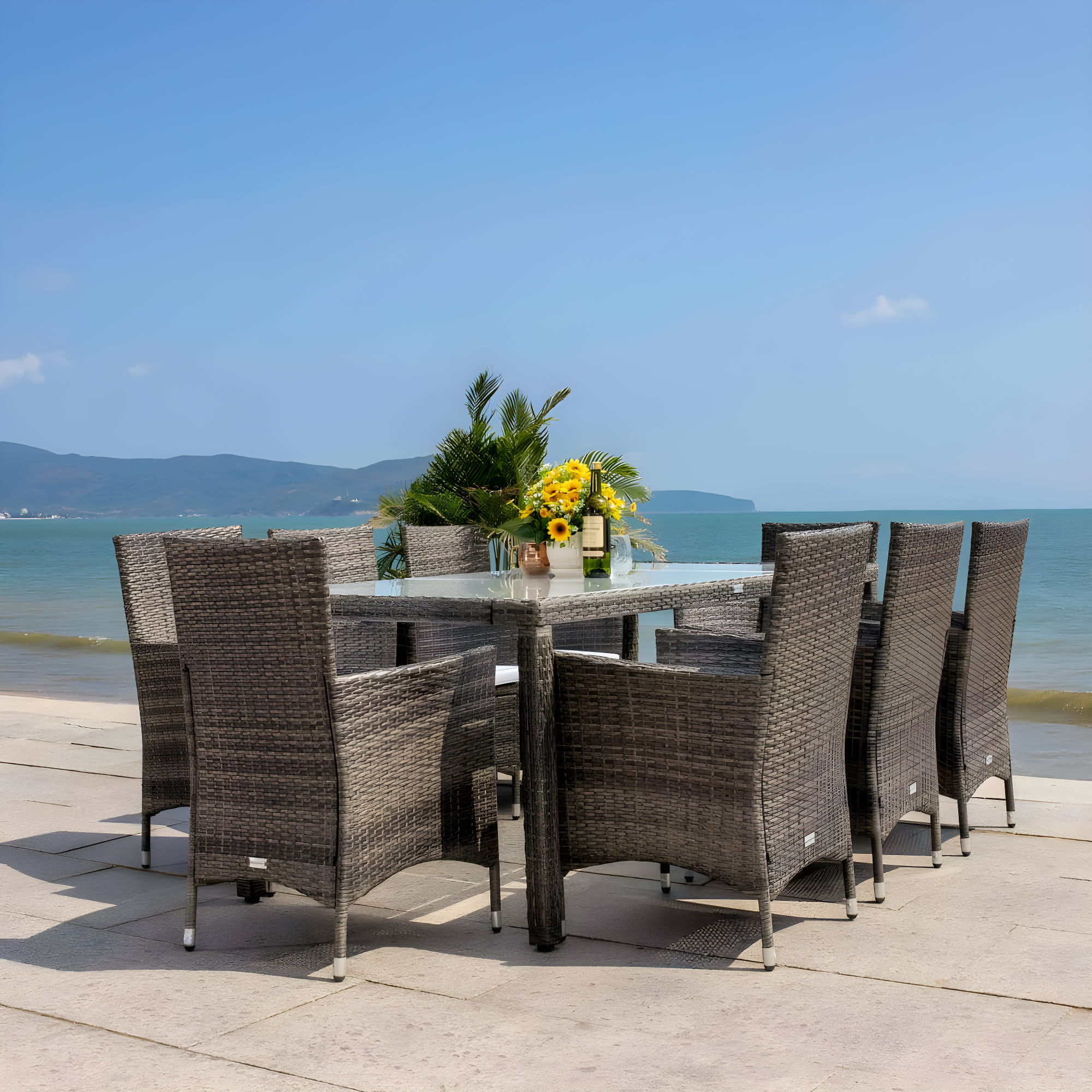 Safavieh Hailee 8 - Person Wicker Patio Dining Set with Rectangular Table , Cushions Included