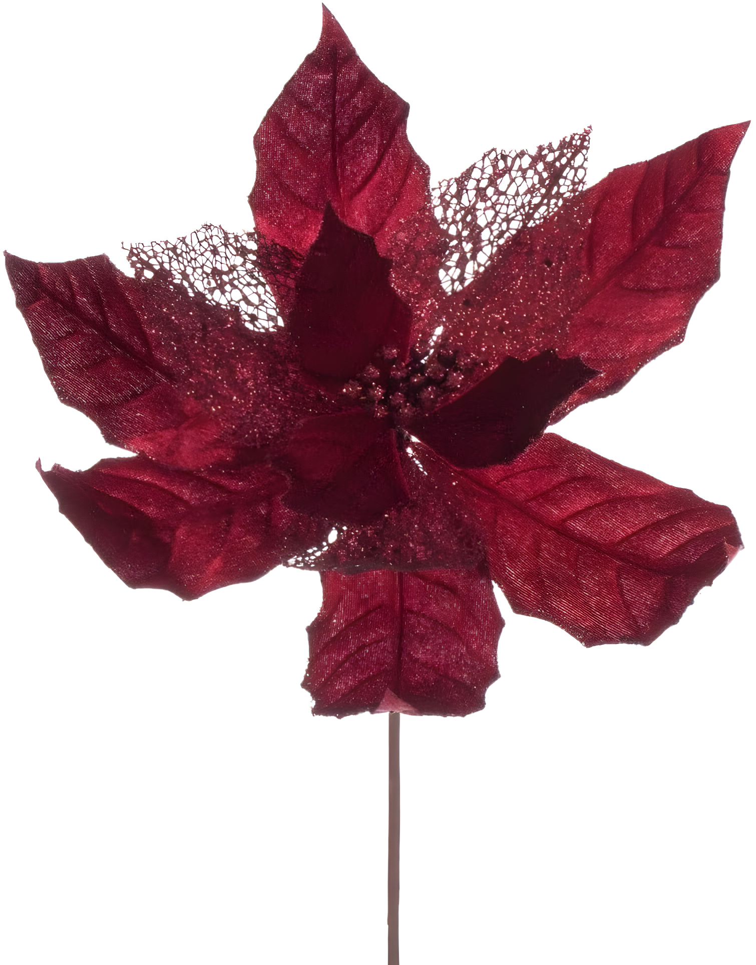 Vickerman 11" Burgundy Velvet and Glitter Mesh Poinsettia Flower on Stem, 6 per bag.
