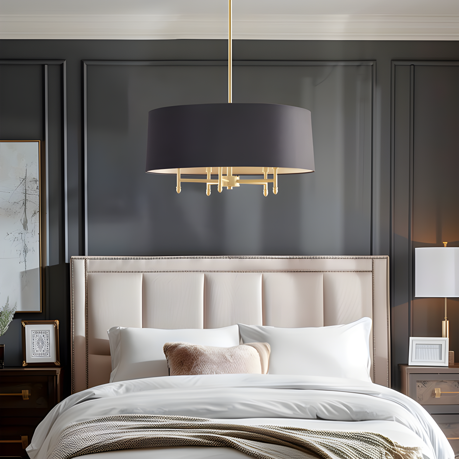 Hampton Hill Presidio 5-Light Dimmable Chandelier with Drum-shaped Fabric Shade & Adjustable Height
