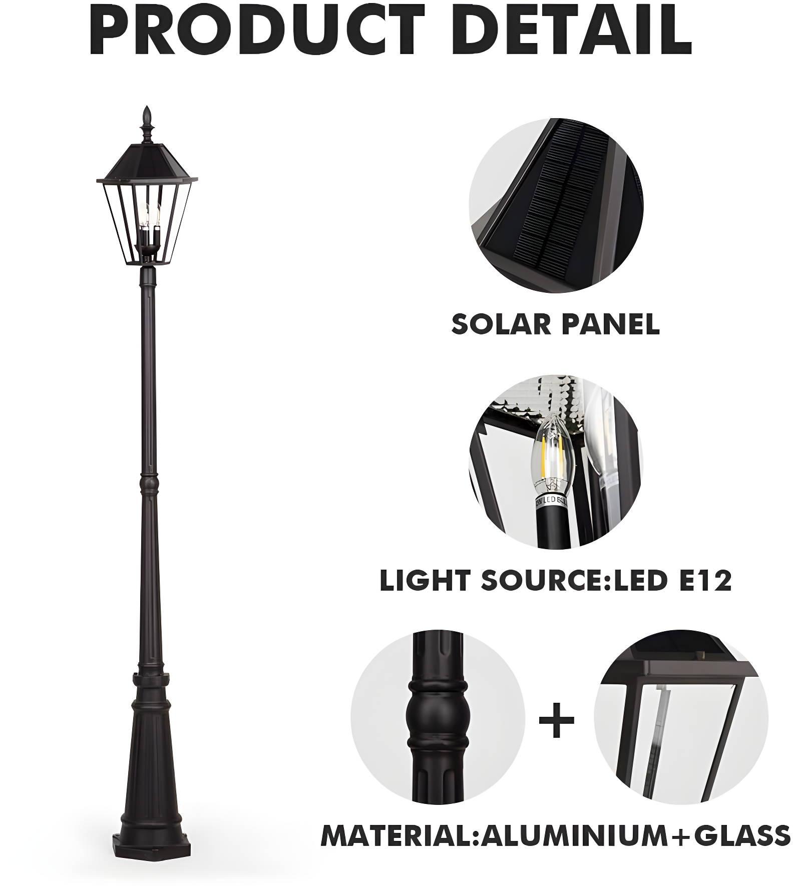 Black Cast Aluminum Traditional Solar LED Lamp Post