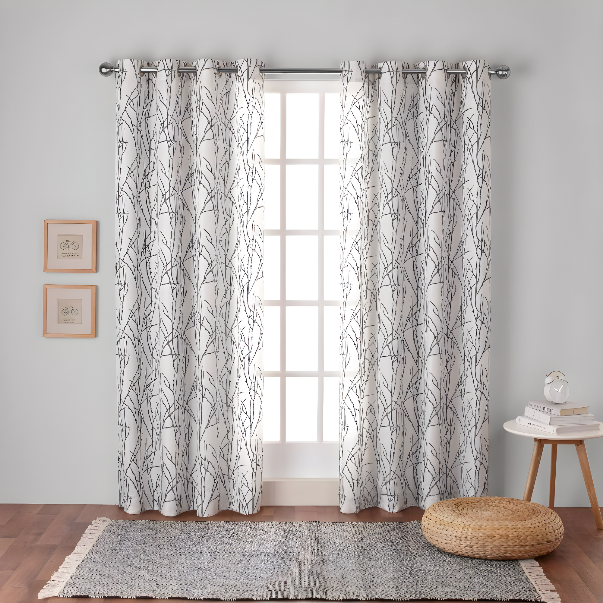 Set of 2 108"x54" Branches Linen Blend Grommet Top Window Curtain Panel Black Pearl: Light Filtering, Botanical Design