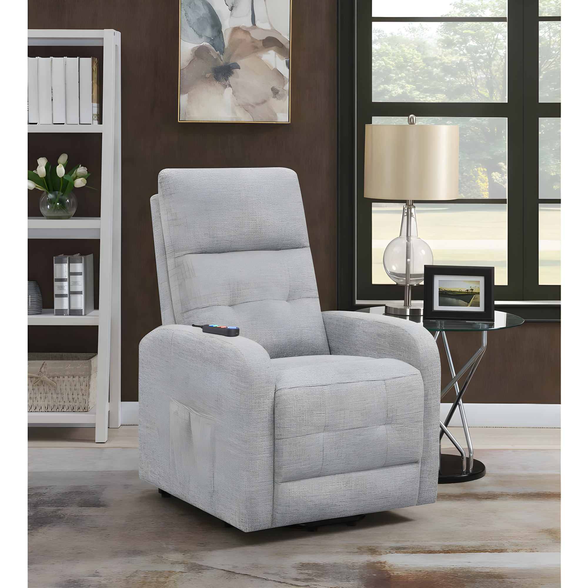 Coaster Howie Tufted Fabric Upholstered Power Lift Recliner in Gray