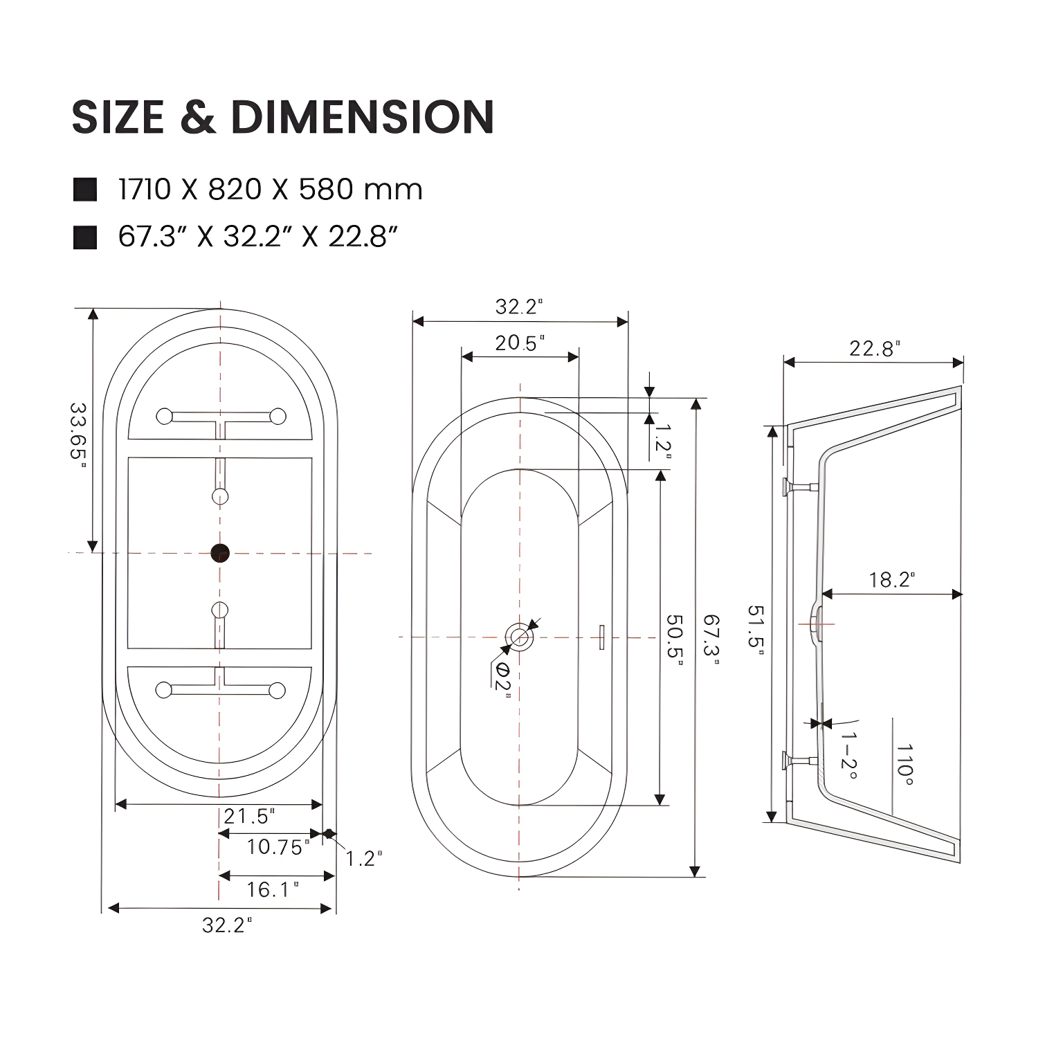 67'' x 32'' Freestanding Soaking Acrylic Bathtub