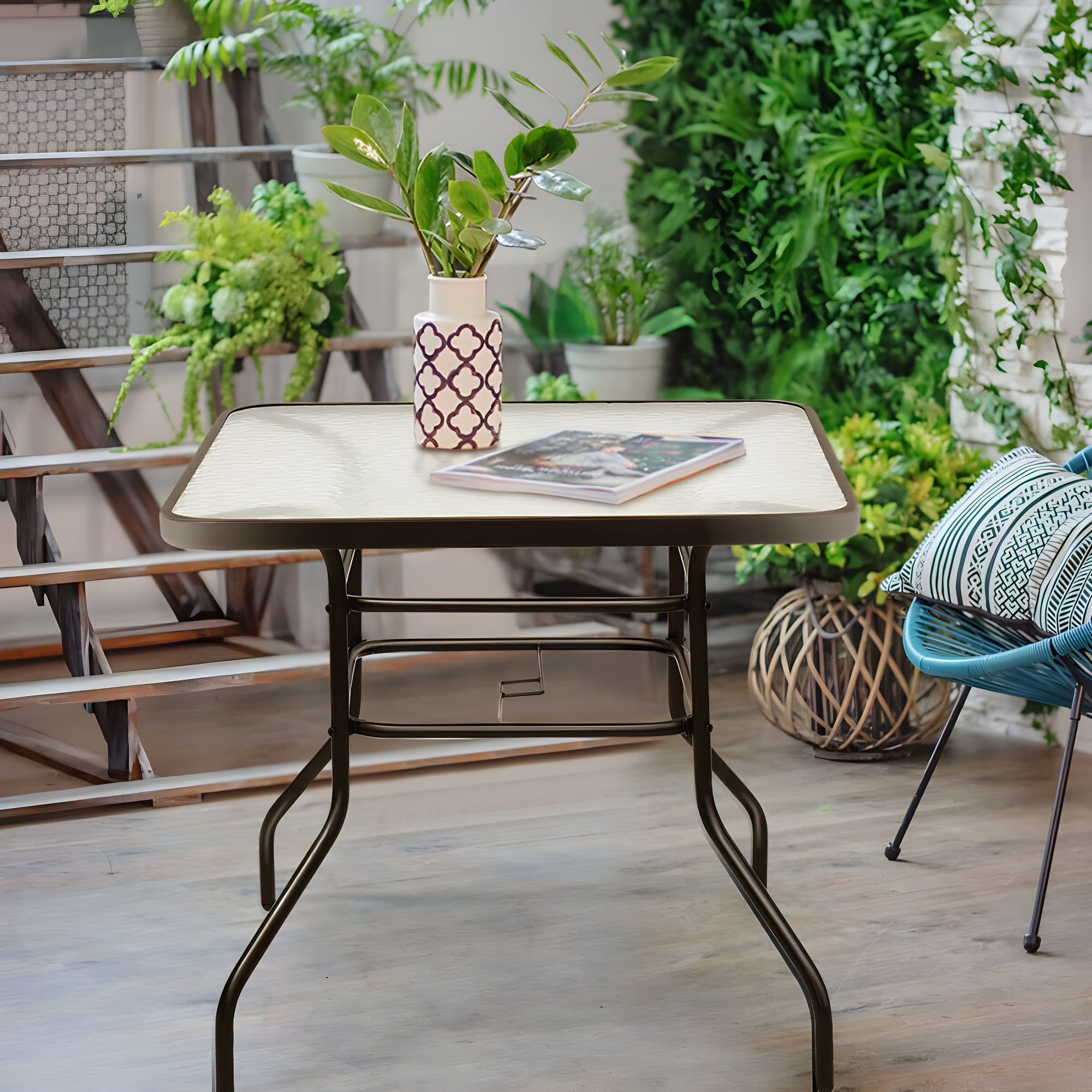 Lark Manor™ Aliyahna 32'' Patio Square Table Tempered Glass Steel Frame Outdoor Pool Yard Garden