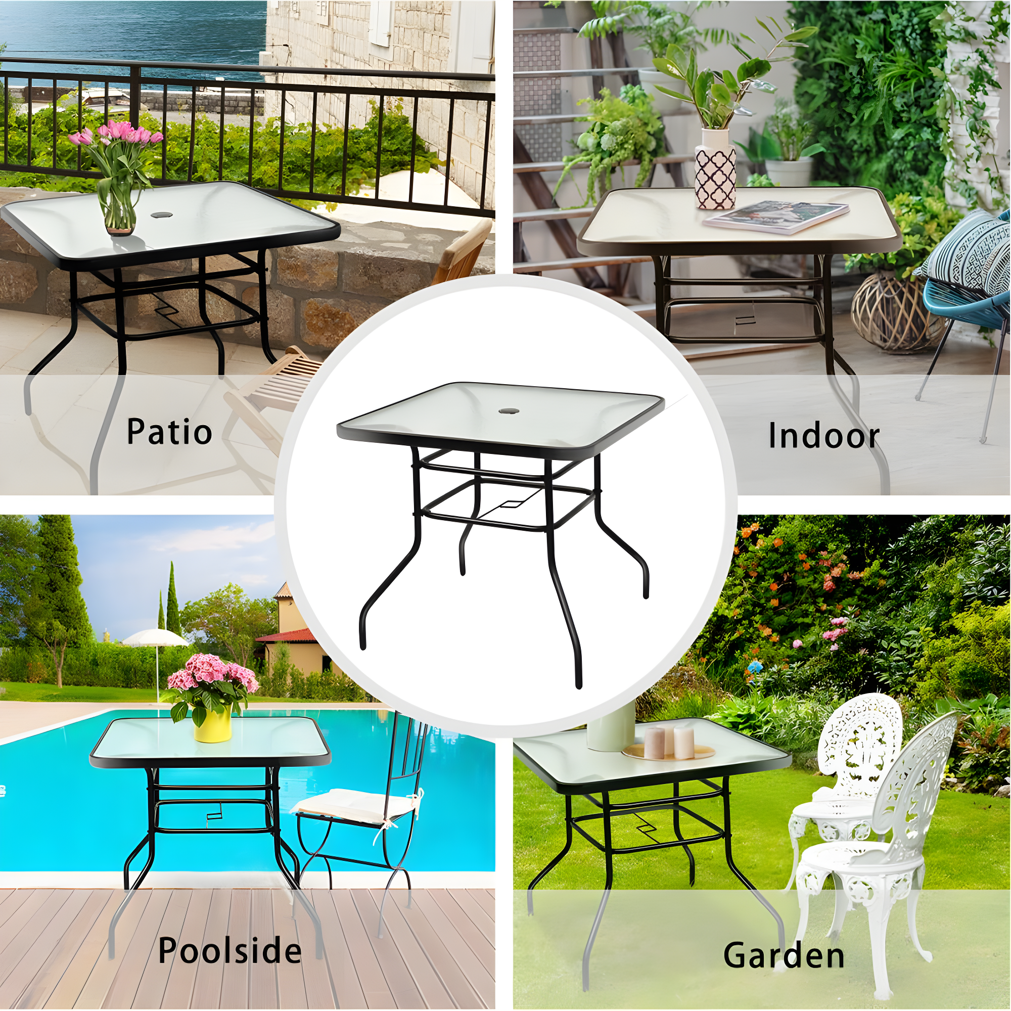 Lark Manor™ Aliyahna 32'' Patio Square Table Tempered Glass Steel Frame Outdoor Pool Yard Garden