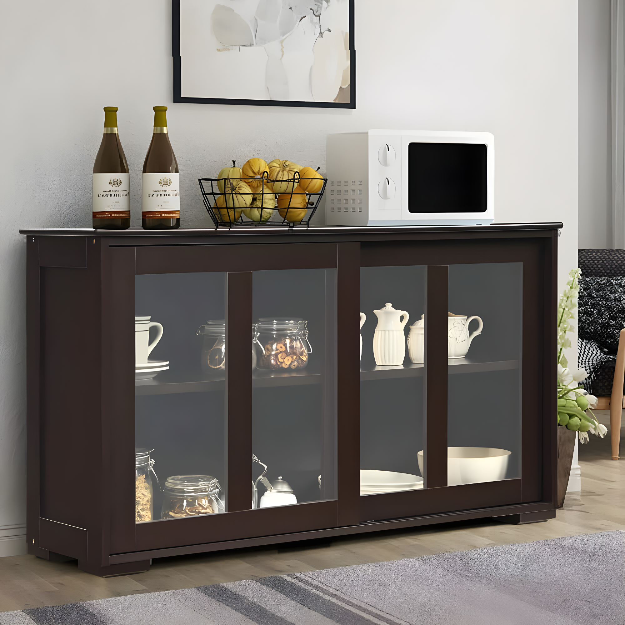 Kepooman Sideboard Buffet, Kitchen Storage Cabinet,Sideboard Buffet Cupboard Storage Cabinet with Sliding Door-Brown