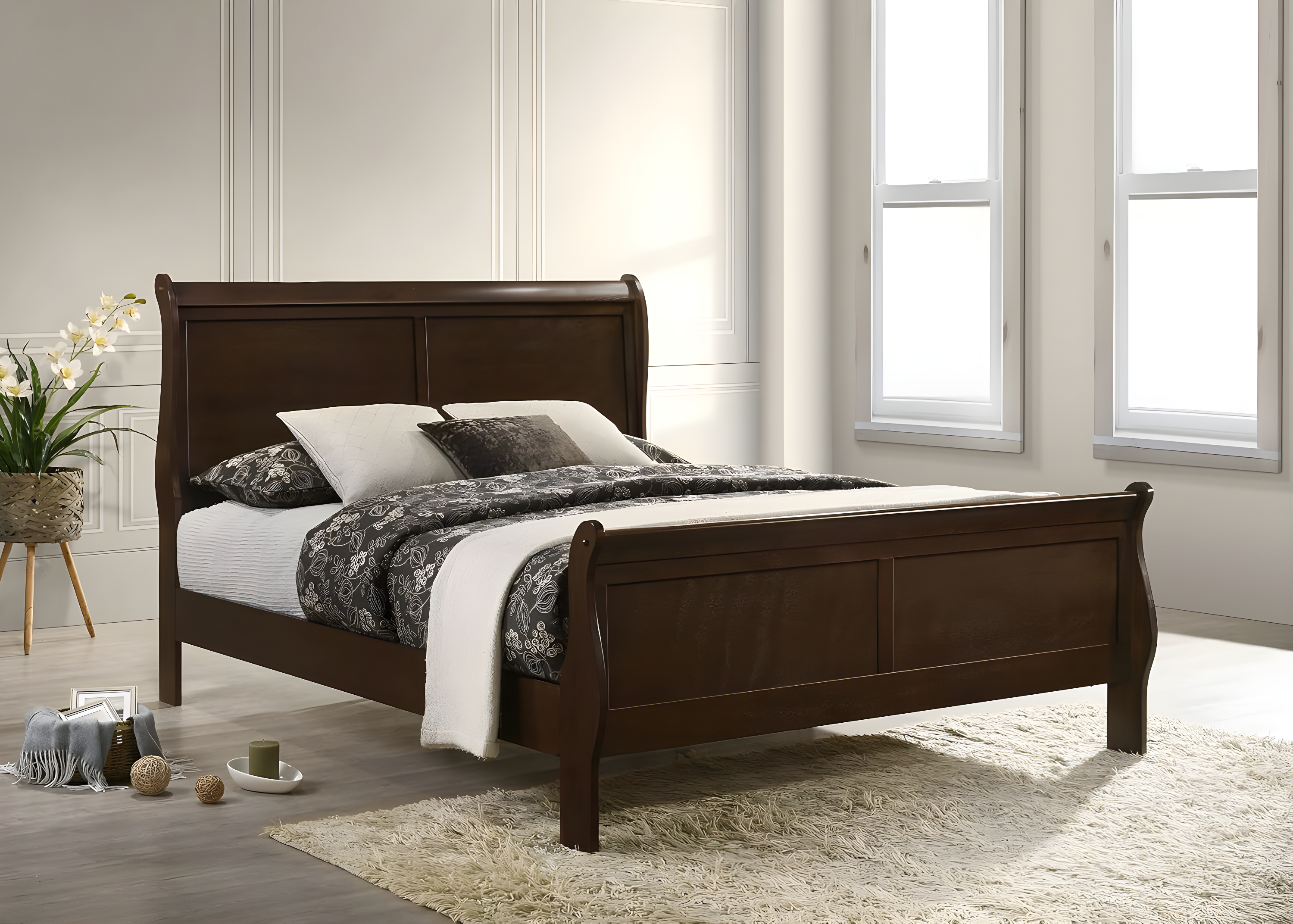 Louis Philippe Full Panel Sleigh Bed Cappuccino