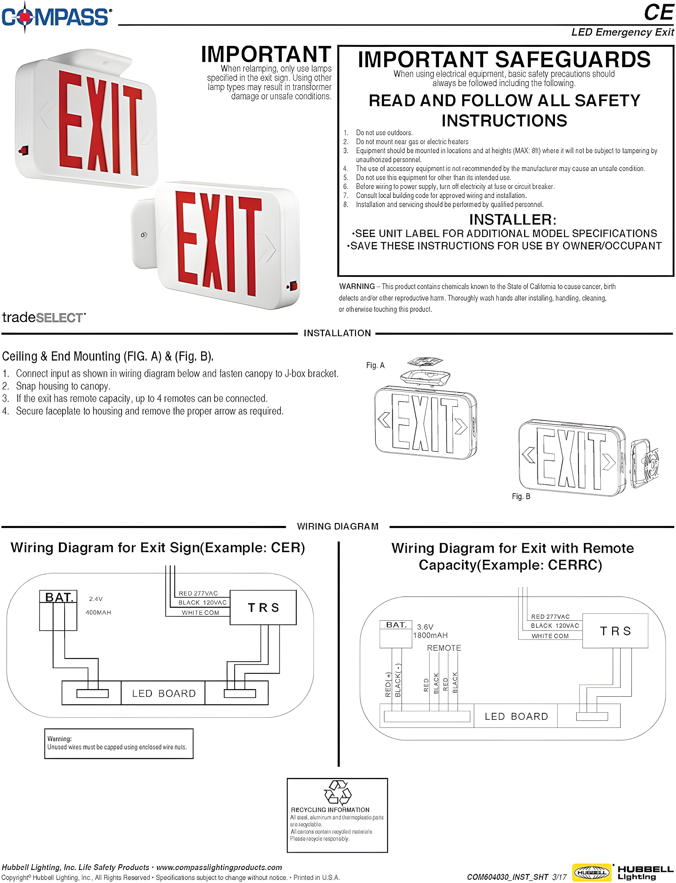Hubbell Lighting CER Compass CE Series 1.8-Watt White and Red Integrated LED Exit Sign with NiCad Battery