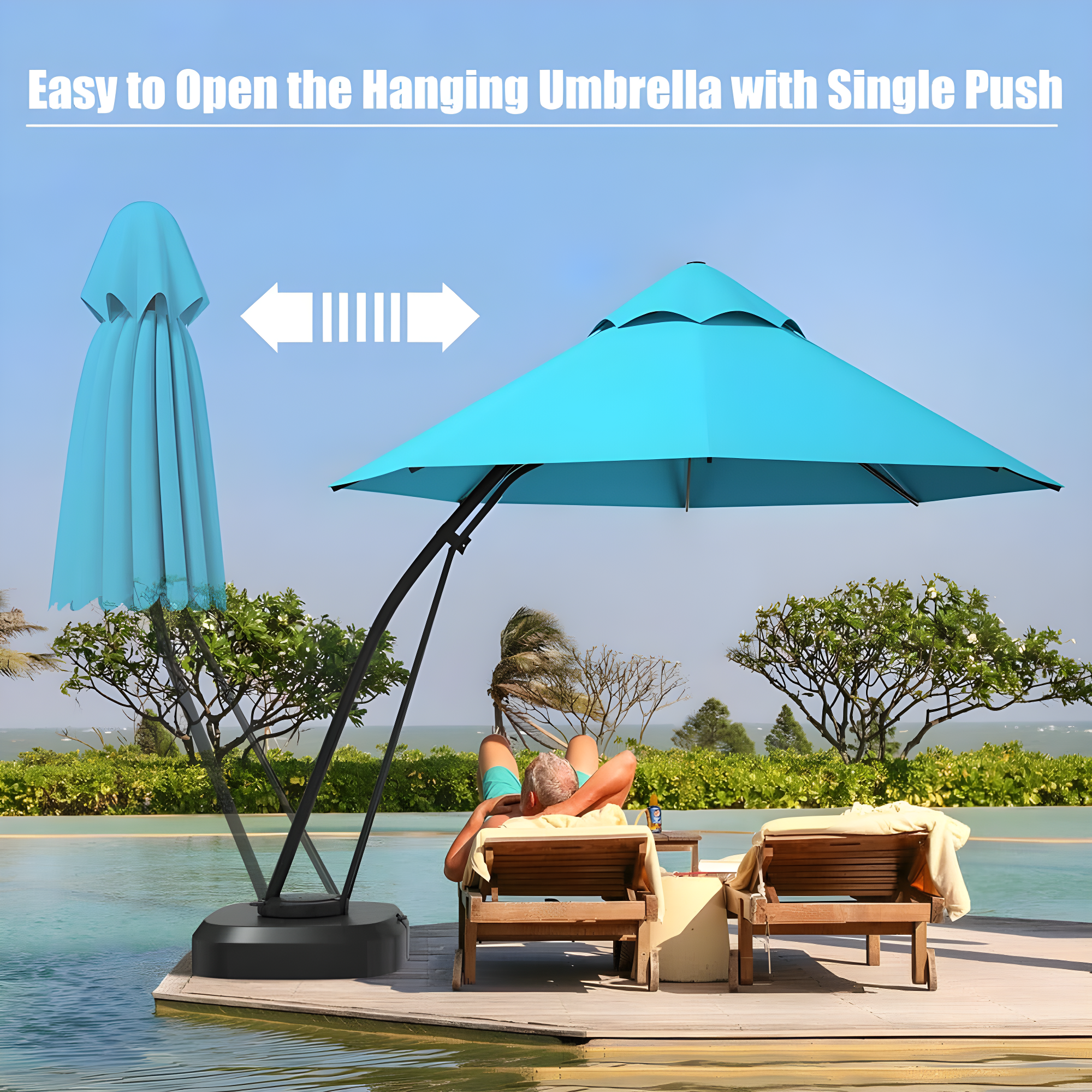 Spaco 11 Feet Outdoor Cantilever Hanging Umbrella with Base and Wheels-Turquoise, Patio Offset Umbrella with Easy Tilt Adjustment, Outdoor Cantilever Hanging Umbrella