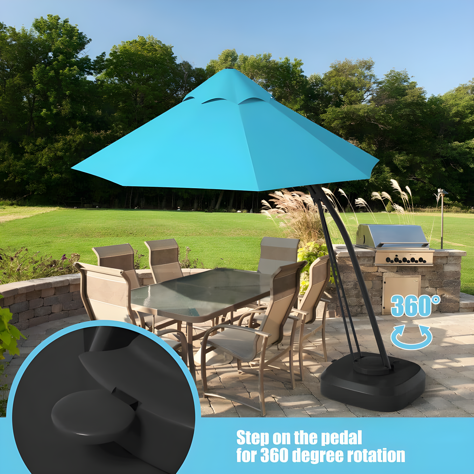 Spaco 11 Feet Outdoor Cantilever Hanging Umbrella with Base and Wheels-Turquoise, Patio Offset Umbrella with Easy Tilt Adjustment, Outdoor Cantilever Hanging Umbrella