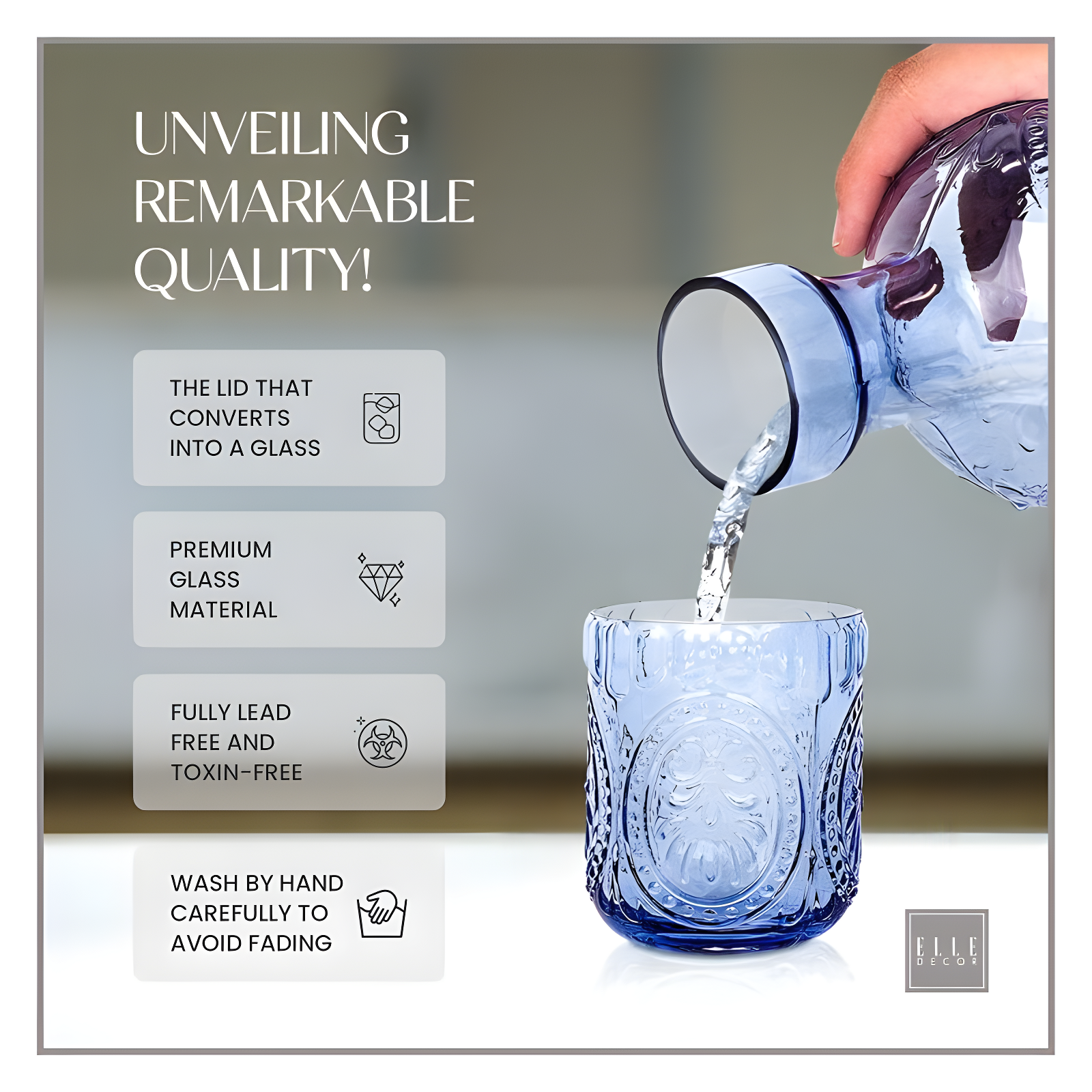 Elle Decor 2-Piece Carafe Set, Bedside Night Water Carafe, Glass Pitcher and Cup that Doubles as a Lid, Perfect for Desktop/Shelf (Blue)