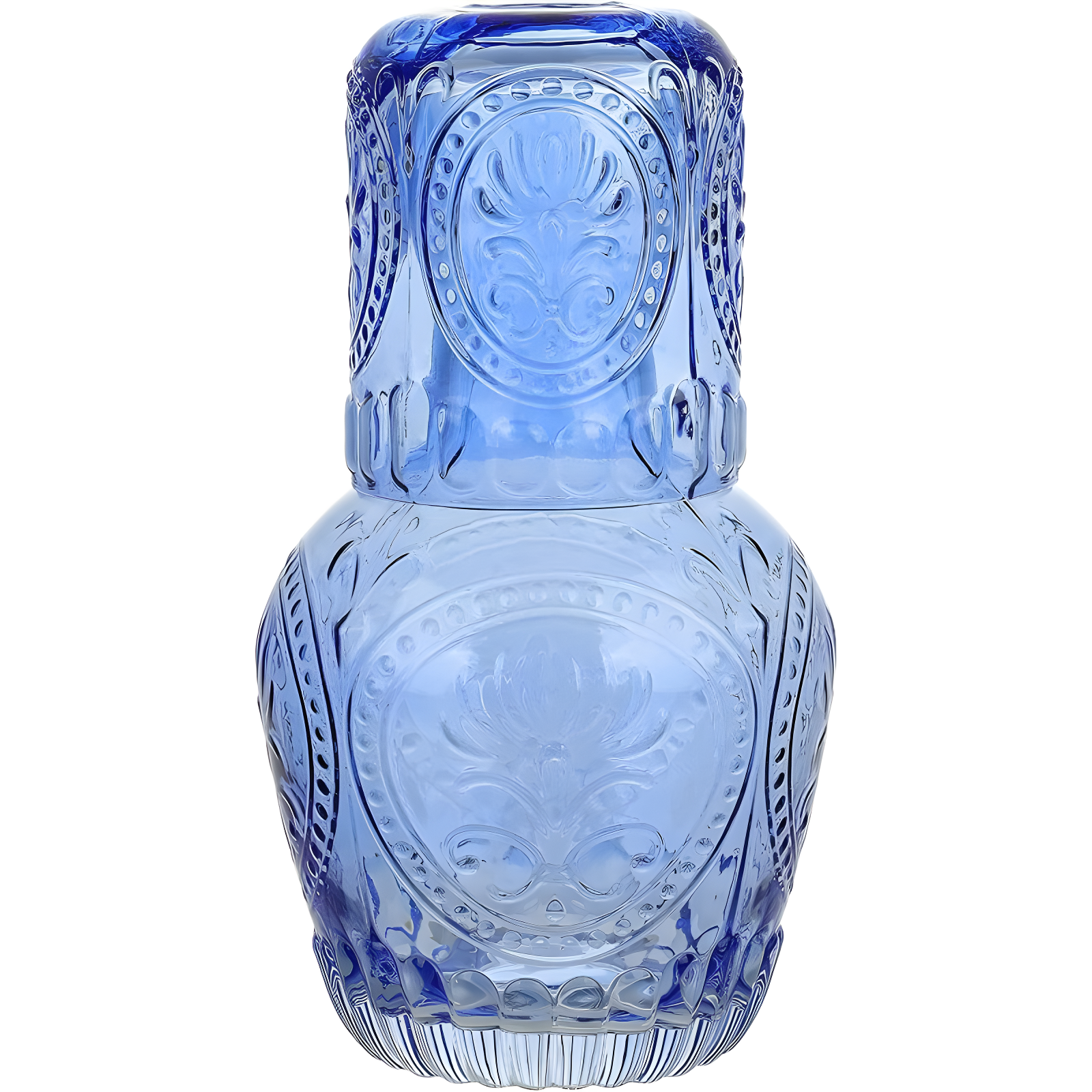 Elle Decor 2-Piece Carafe Set, Bedside Night Water Carafe, Glass Pitcher and Cup that Doubles as a Lid, Perfect for Desktop/Shelf (Blue)