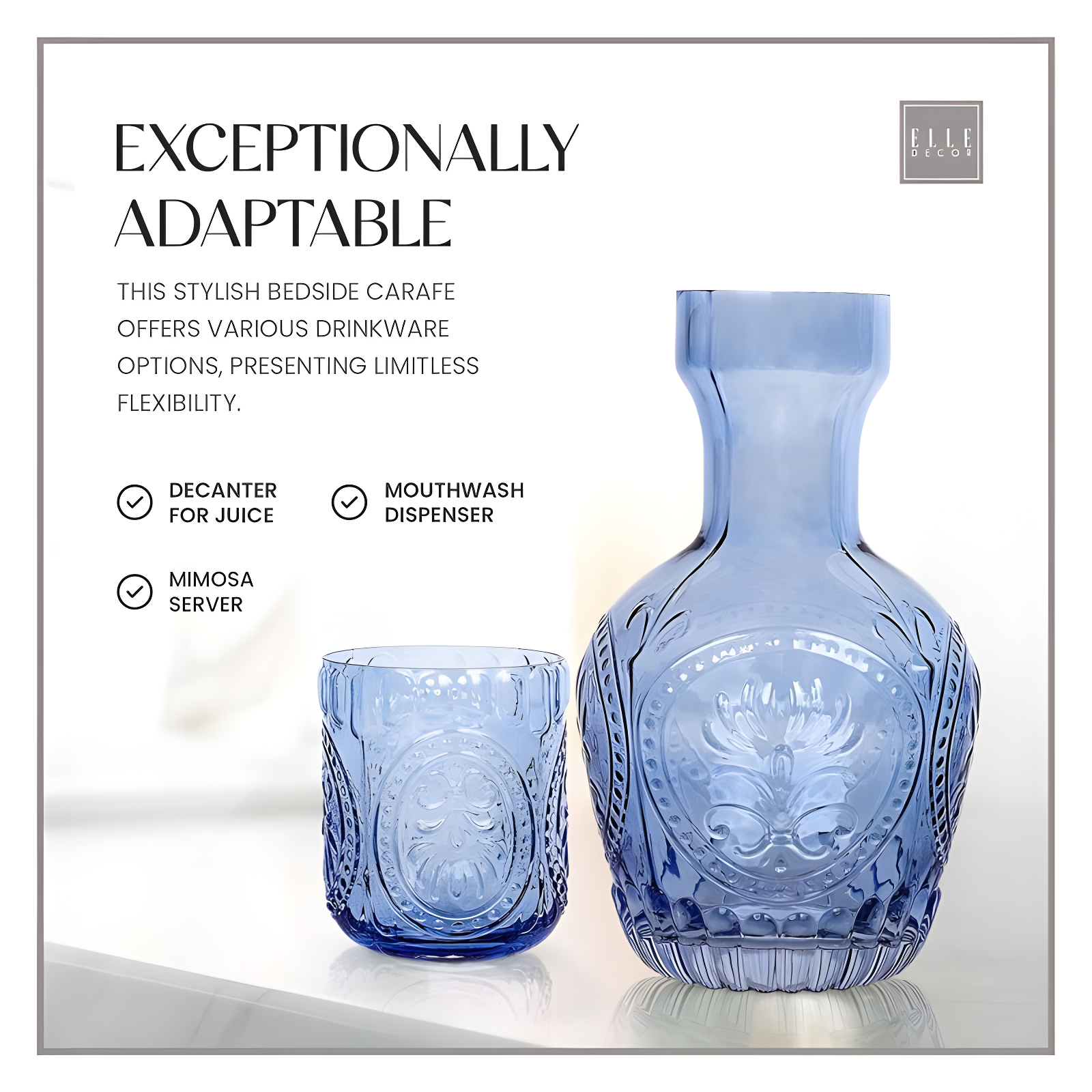 Elle Decor 2-Piece Carafe Set, Bedside Night Water Carafe, Glass Pitcher and Cup that Doubles as a Lid, Perfect for Desktop/Shelf (Blue)