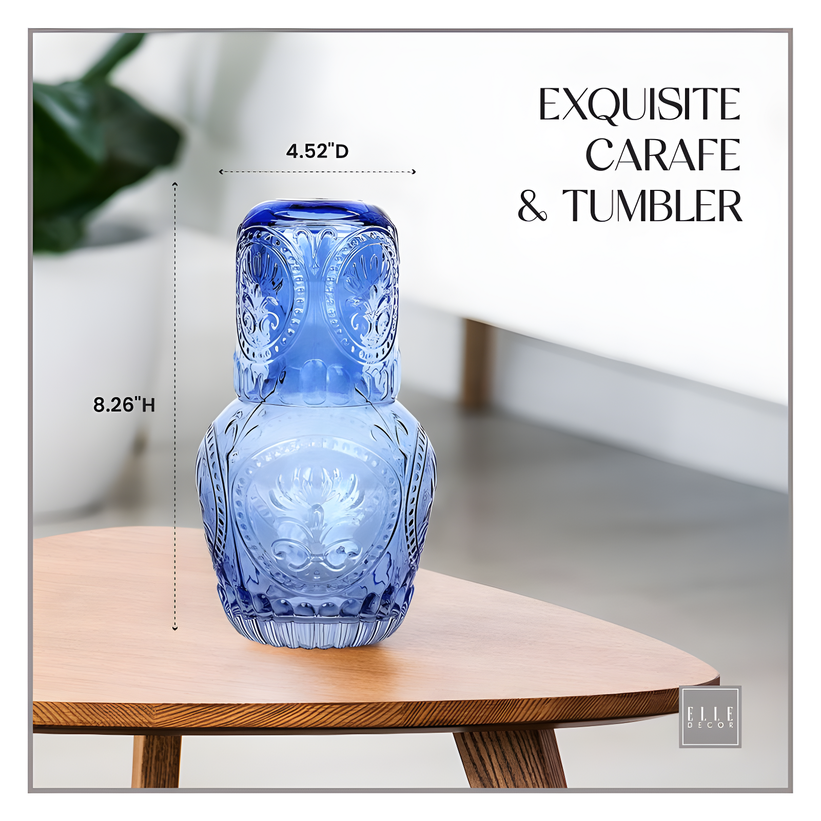 Elle Decor 2-Piece Carafe Set, Bedside Night Water Carafe, Glass Pitcher and Cup that Doubles as a Lid, Perfect for Desktop/Shelf (Blue)