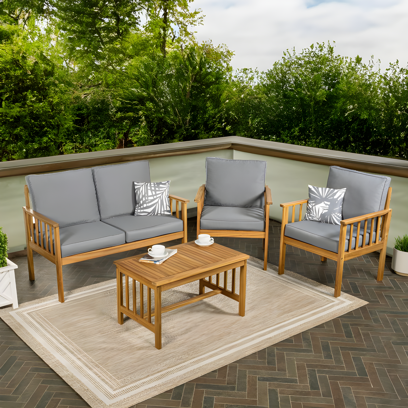 Everly 4-Piece Modern Cottage Acacia Wood Outdoor Patio Set with Cushions and Tropical Decorative Pillows, Gray/Teak Brown - JONATHAN Y
