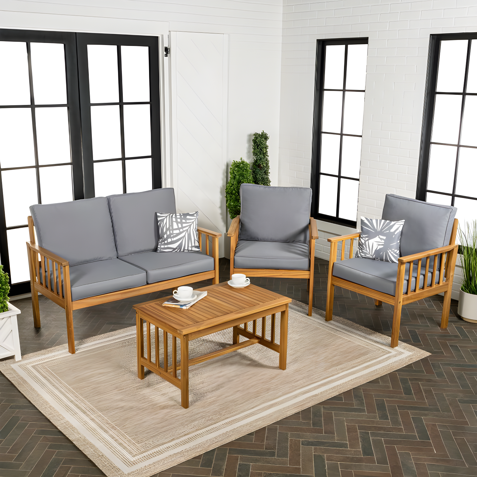 Everly 4-Piece Modern Cottage Acacia Wood Outdoor Patio Set with Cushions and Tropical Decorative Pillows, Gray/Teak Brown - JONATHAN Y