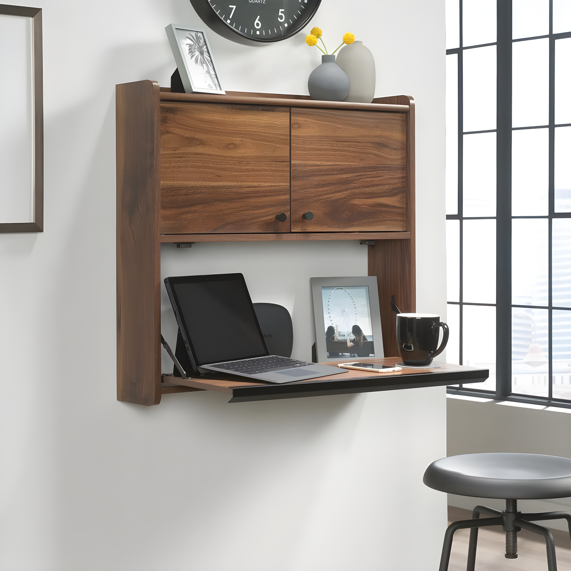 Sauder Harvey Par Floating Wall Desk, Grand Walnut Finish