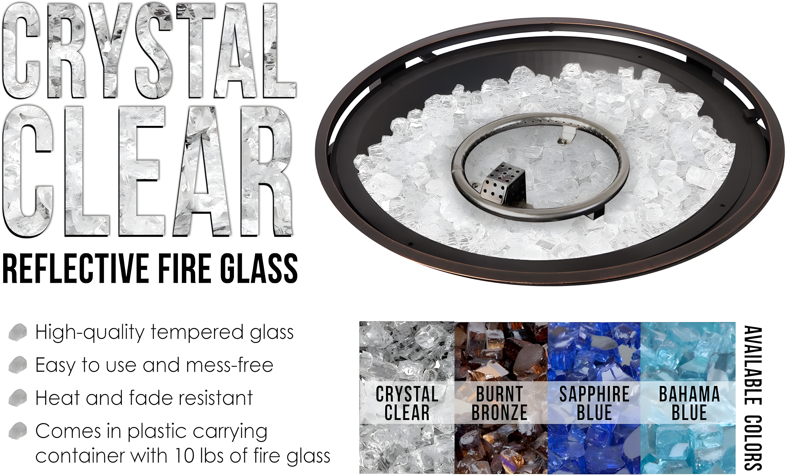 Fire Sense Fire Sense Premium Sparkling Reflective Tempered Fire Glass for Fire Pits Easy to Install-10 Lbs Crystal Clear