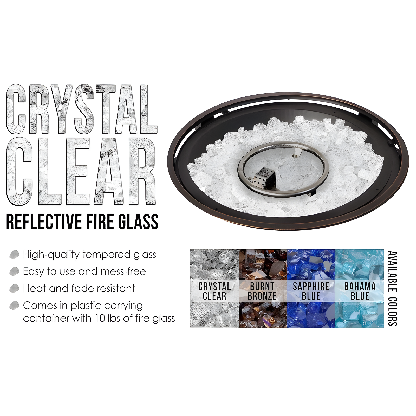 Fire Sense Fire Sense Premium Sparkling Reflective Tempered Fire Glass for Fire Pits Easy to Install-10 Lbs Crystal Clear