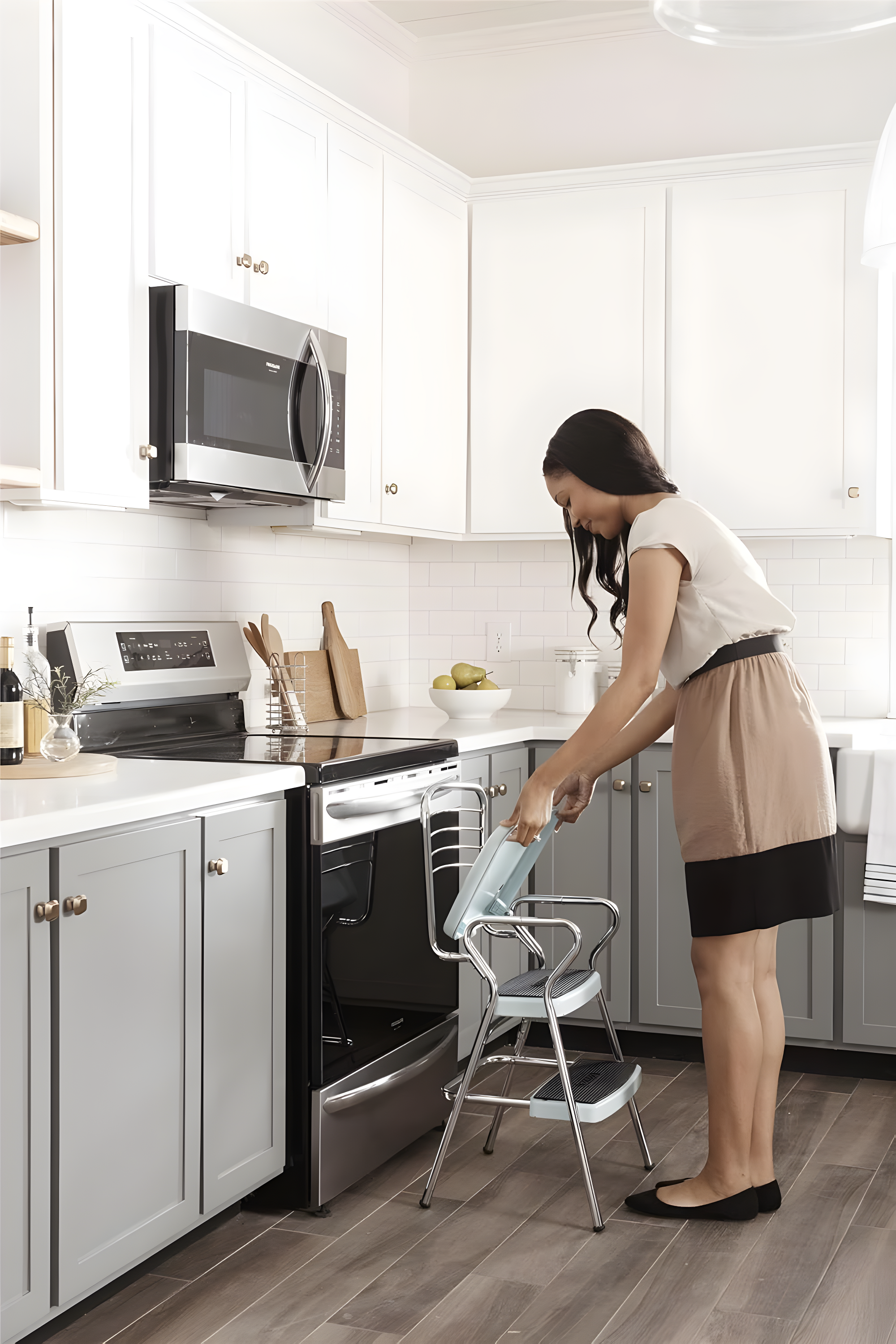 Stylaire Steel Retro Chair + Step Stool with Flip-Up Vinyl Seat