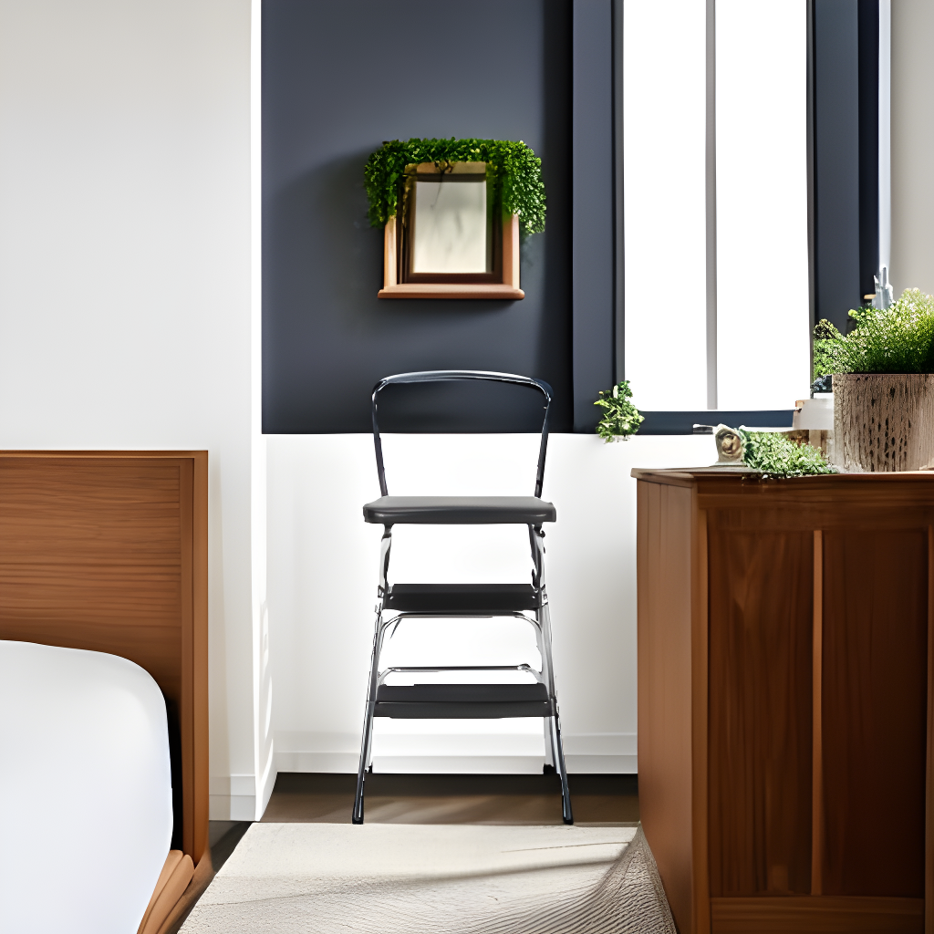 Stylaire Steel Retro Chair + Step Stool with Flip-Up Vinyl Seat