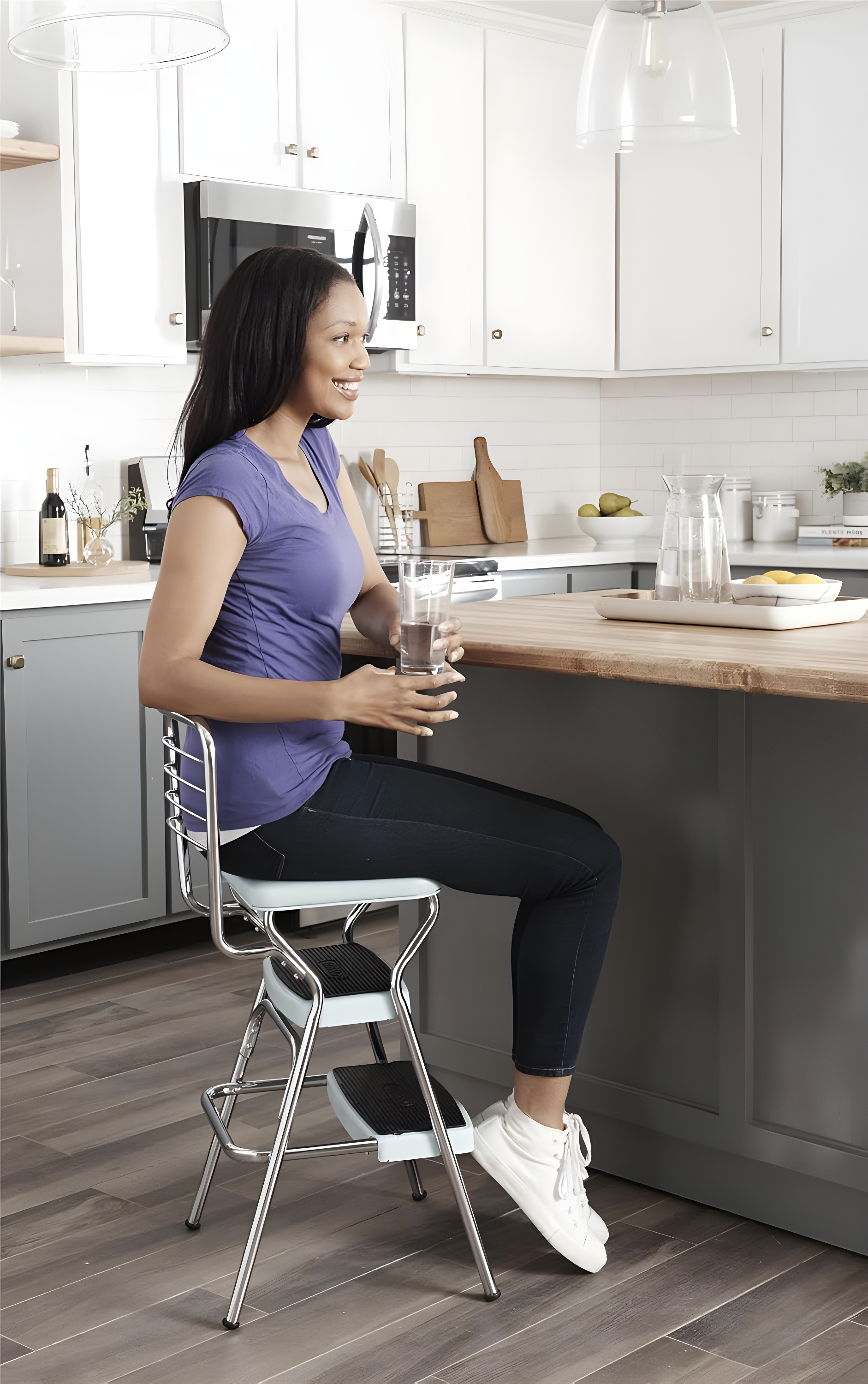 Stylaire Steel Retro Chair + Step Stool with Flip-Up Vinyl Seat