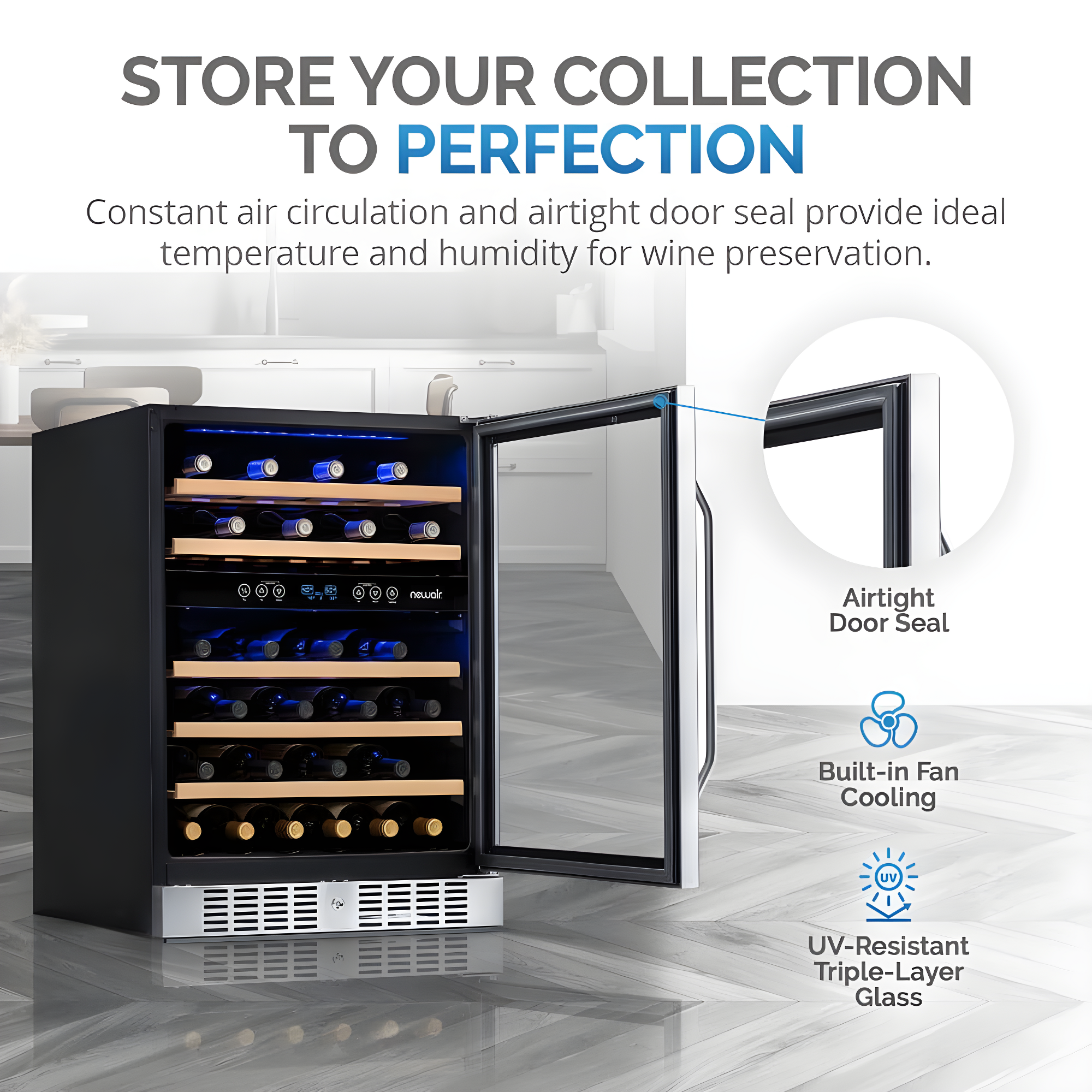 Newair 24” Built-in 46 Bottle Dual Zone Wine Cooler with Removable Beechwood Shelves in Black Stainless Steel