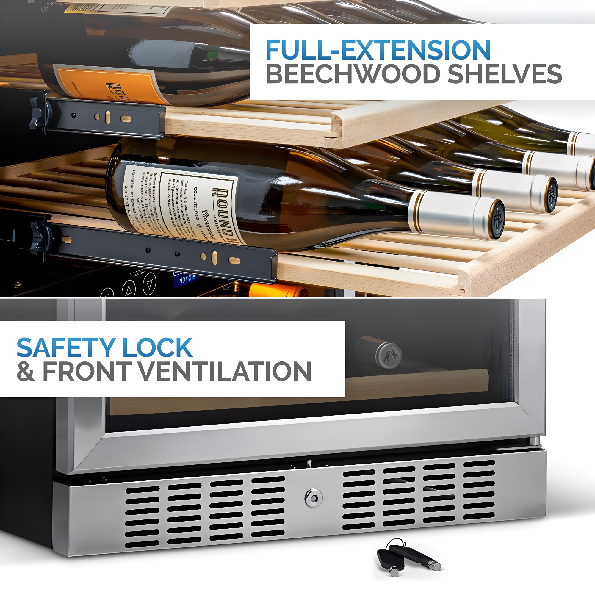 Newair 24” Built-in 46 Bottle Dual Zone Wine Cooler with Removable Beechwood Shelves in Black Stainless Steel