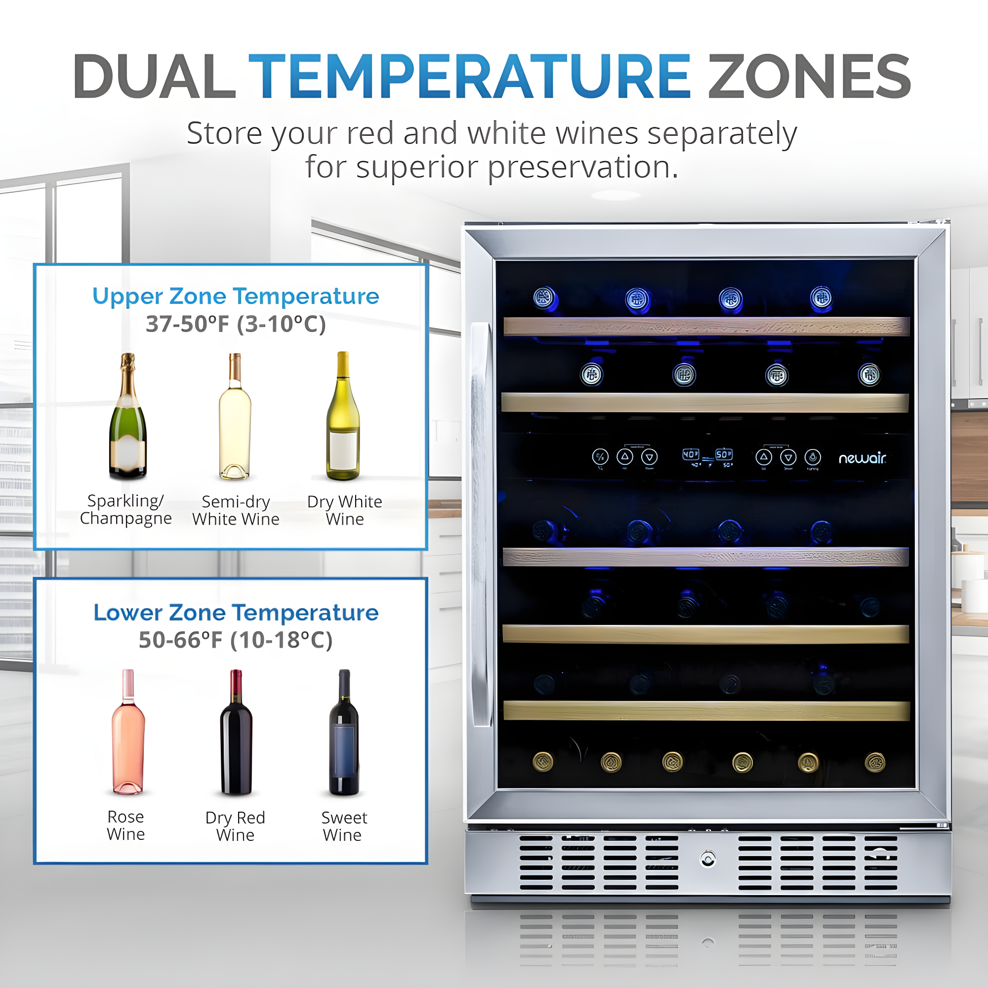 Newair 24” Built-in 46 Bottle Dual Zone Wine Cooler with Removable Beechwood Shelves in Black Stainless Steel