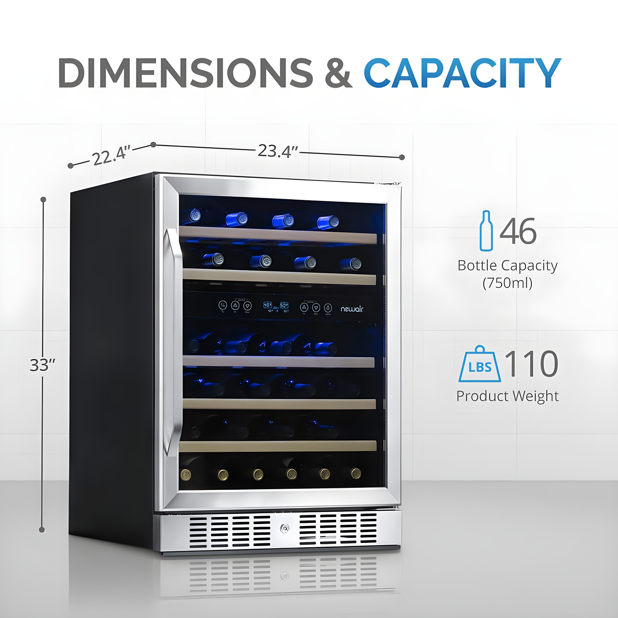 Newair 24” Built-in 46 Bottle Dual Zone Wine Cooler with Removable Beechwood Shelves in Black Stainless Steel