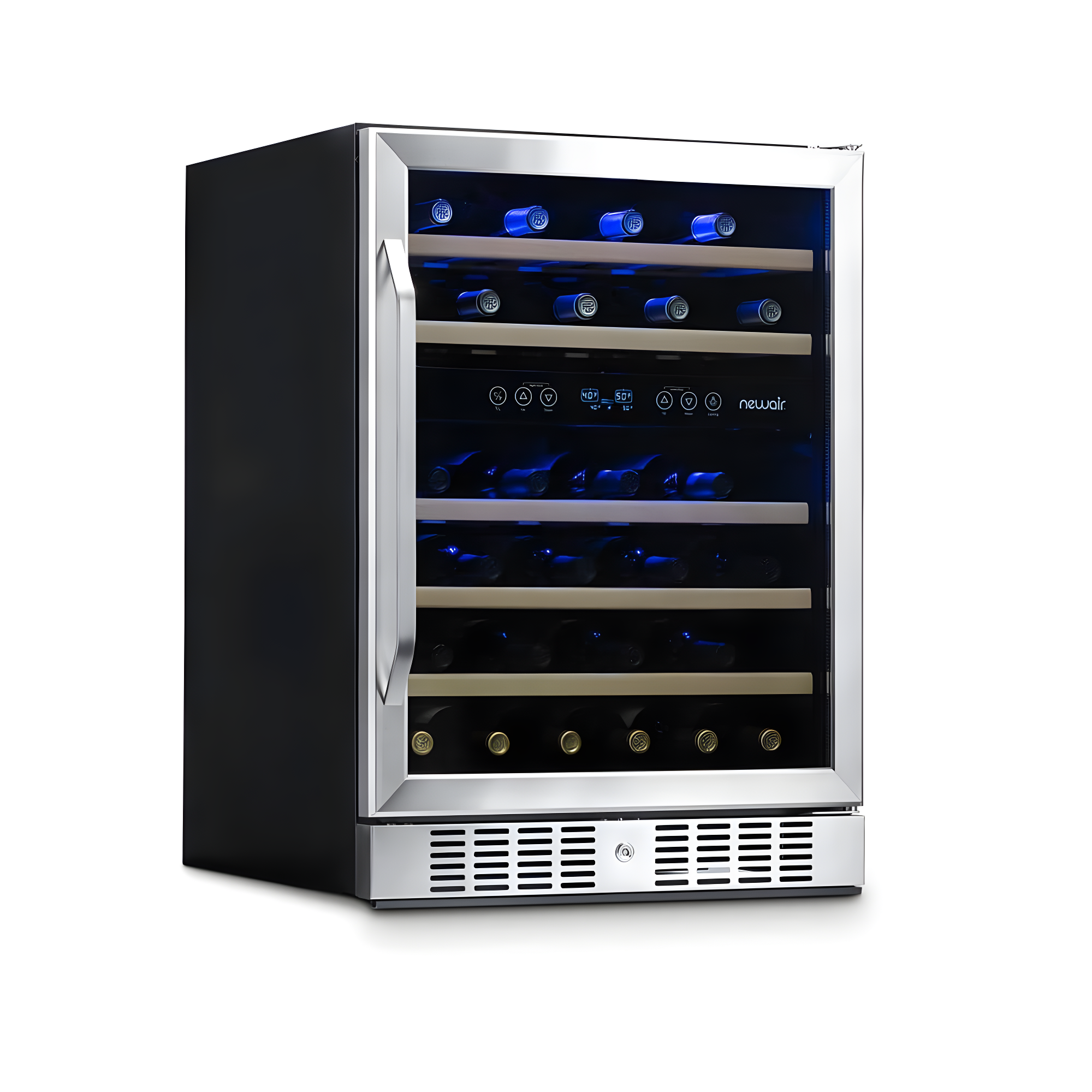 Newair 24” Built-in 46 Bottle Dual Zone Wine Cooler with Removable Beechwood Shelves in Black Stainless Steel