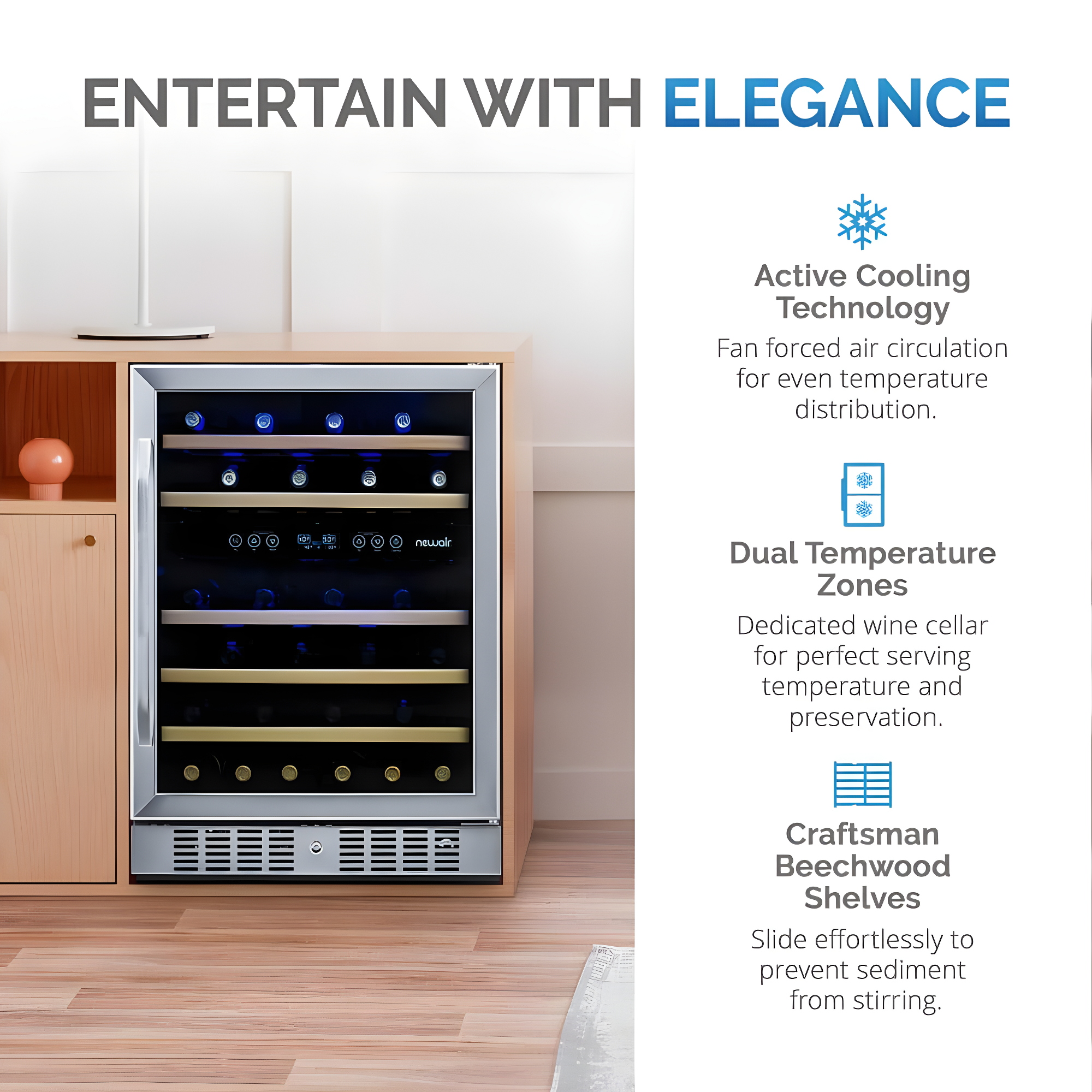 Newair 24” Built-in 46 Bottle Dual Zone Wine Cooler with Removable Beechwood Shelves in Black Stainless Steel