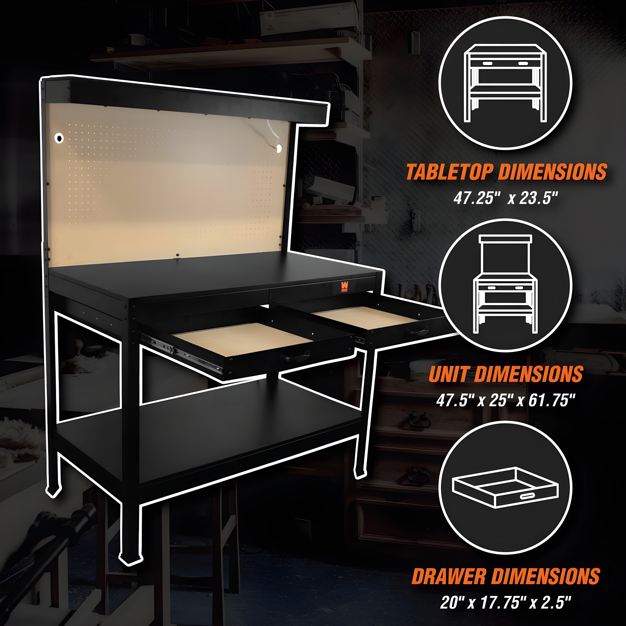 WEN 48 inch Steel Workbench with power outlets and light, 200lb capacity