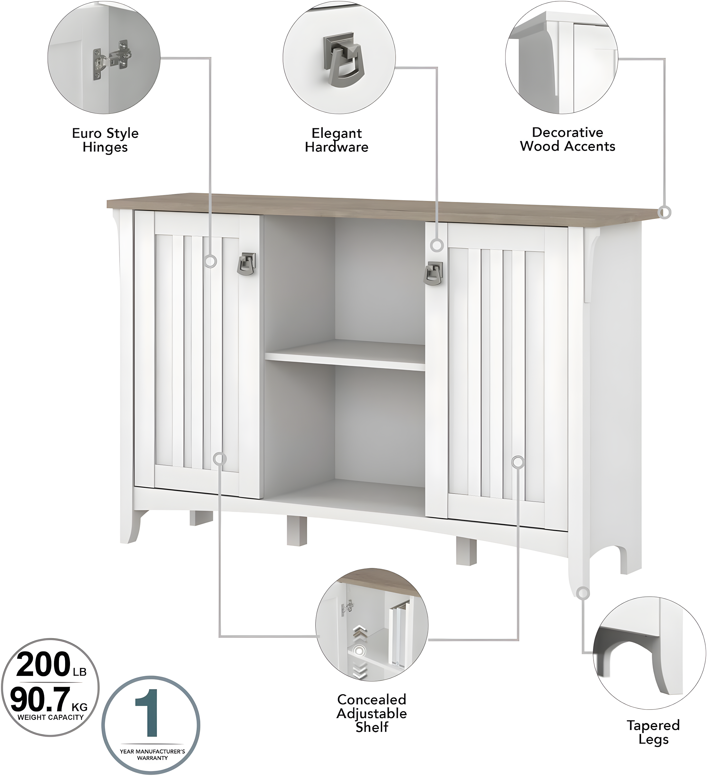 Bush Furniture Salinas Accent Storage Cabinet with Doors, Pure White & Shiplap Gray