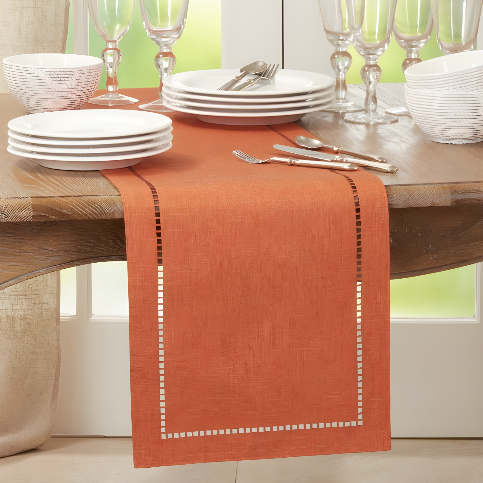 Saro Lifestyle Dining Table Runner With Laser-Cut Hemstitch Design, Rust, 14" x 90"