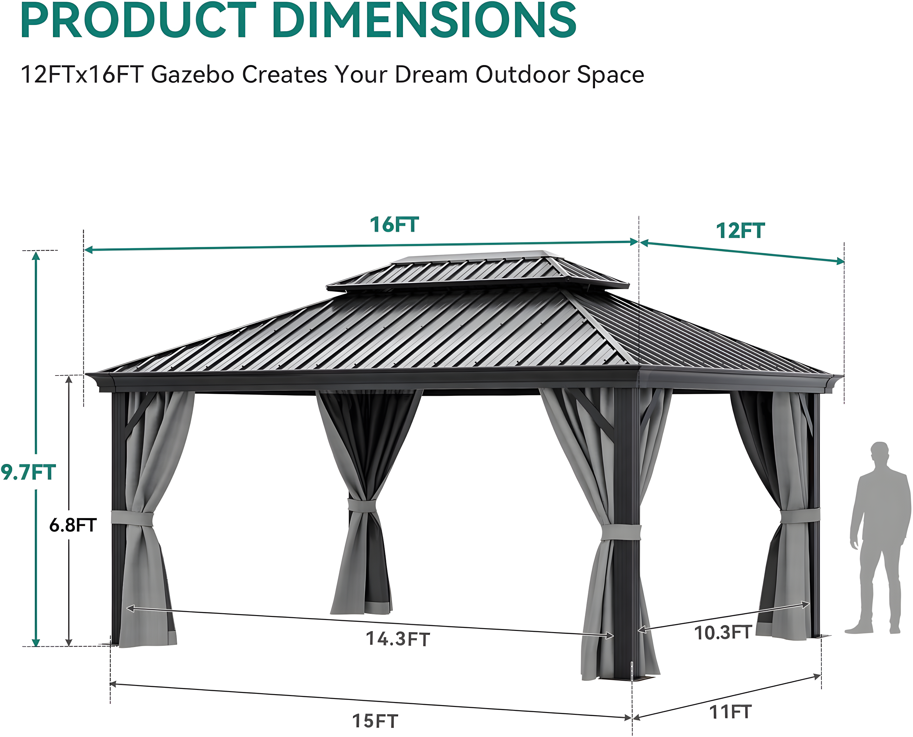 Kozyard Kozyard Alexander Gray Double Roof Hardtop Gazebo with Privacy Curtain Mosquito Netting