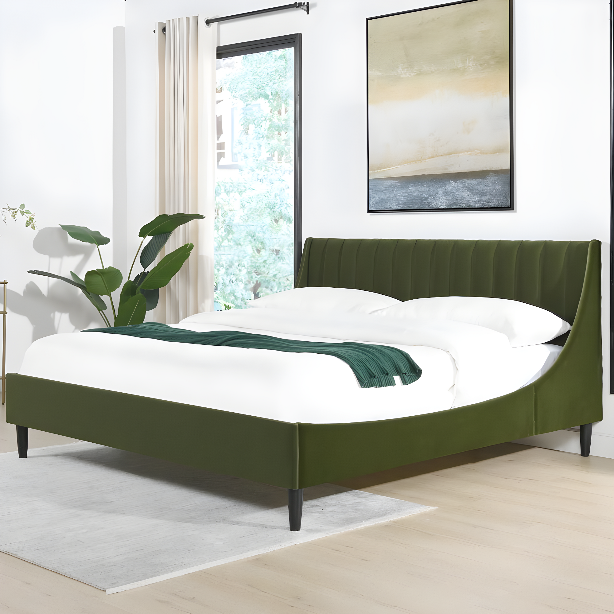 Aspen Vertical Tufted Headboard Platform Bed Set King Olive Green Velvet