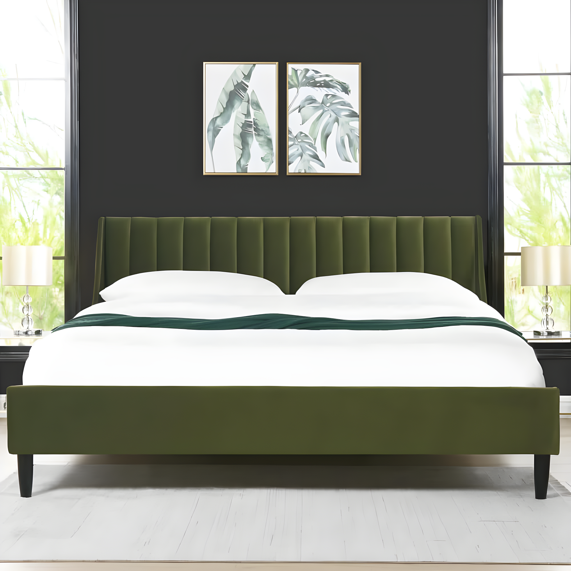 Aspen Vertical Tufted Headboard Platform Bed Set King Olive Green Velvet