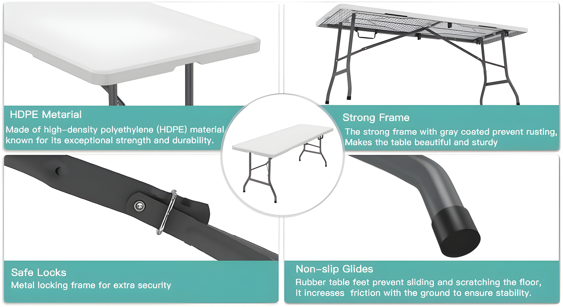 6 Foot Folding Table,White Plastic Folding Table,Built-in Handle,White