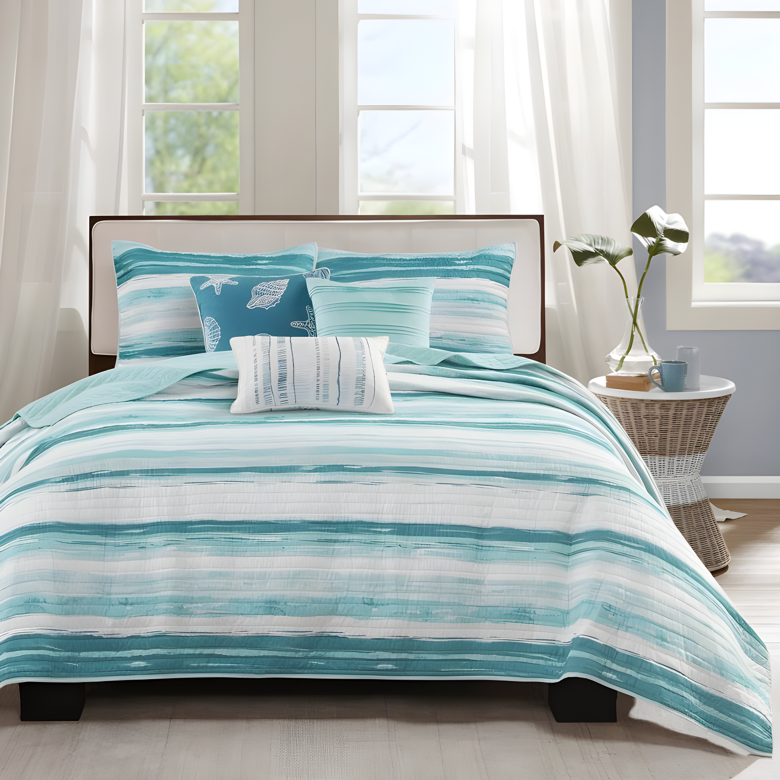 Madison Park Marina 6 Piece Printed Quilt Set with Throw Pillows