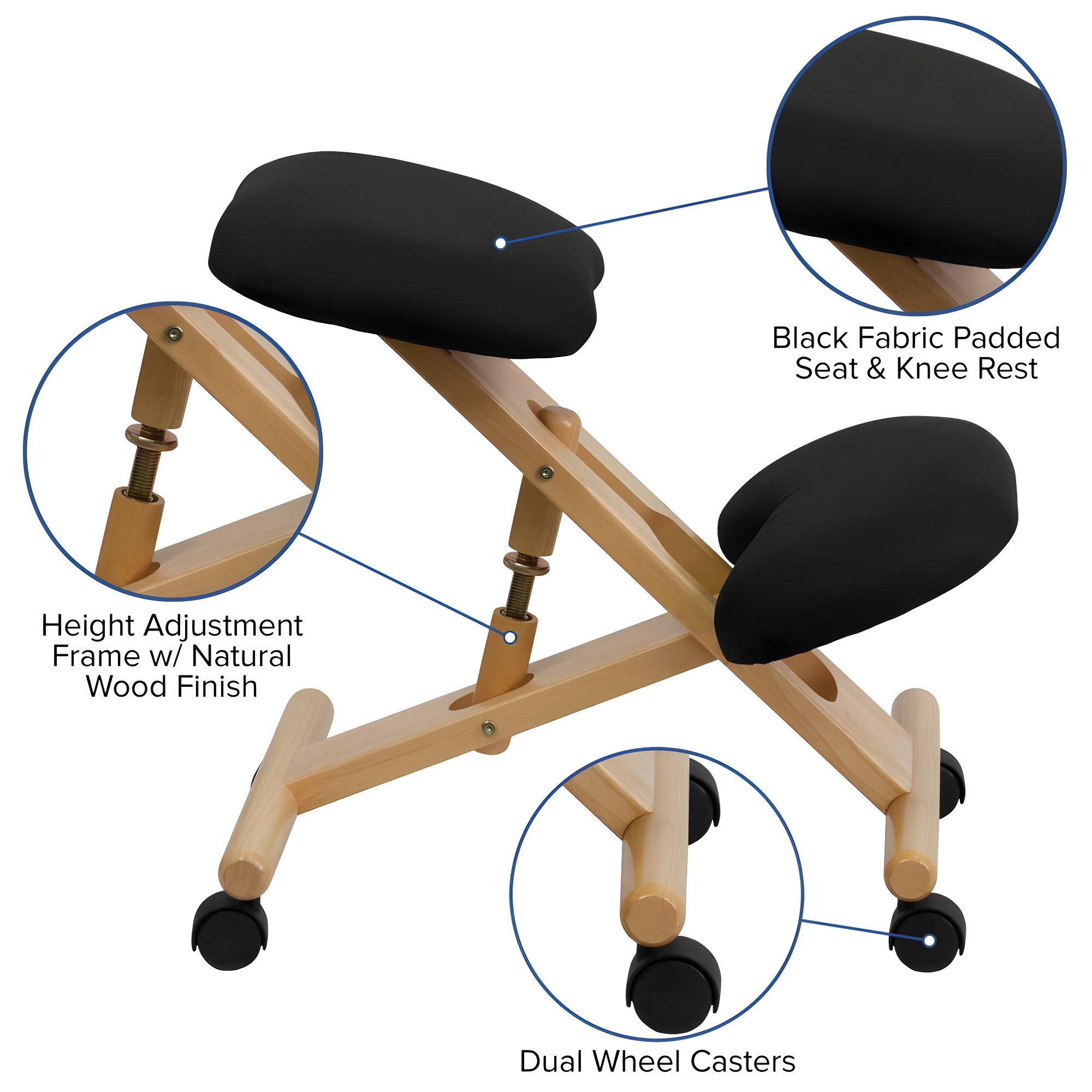 Bragg Posey Mobile Wooden Height-Adjustable Ergonomic Kneeling Office Chair