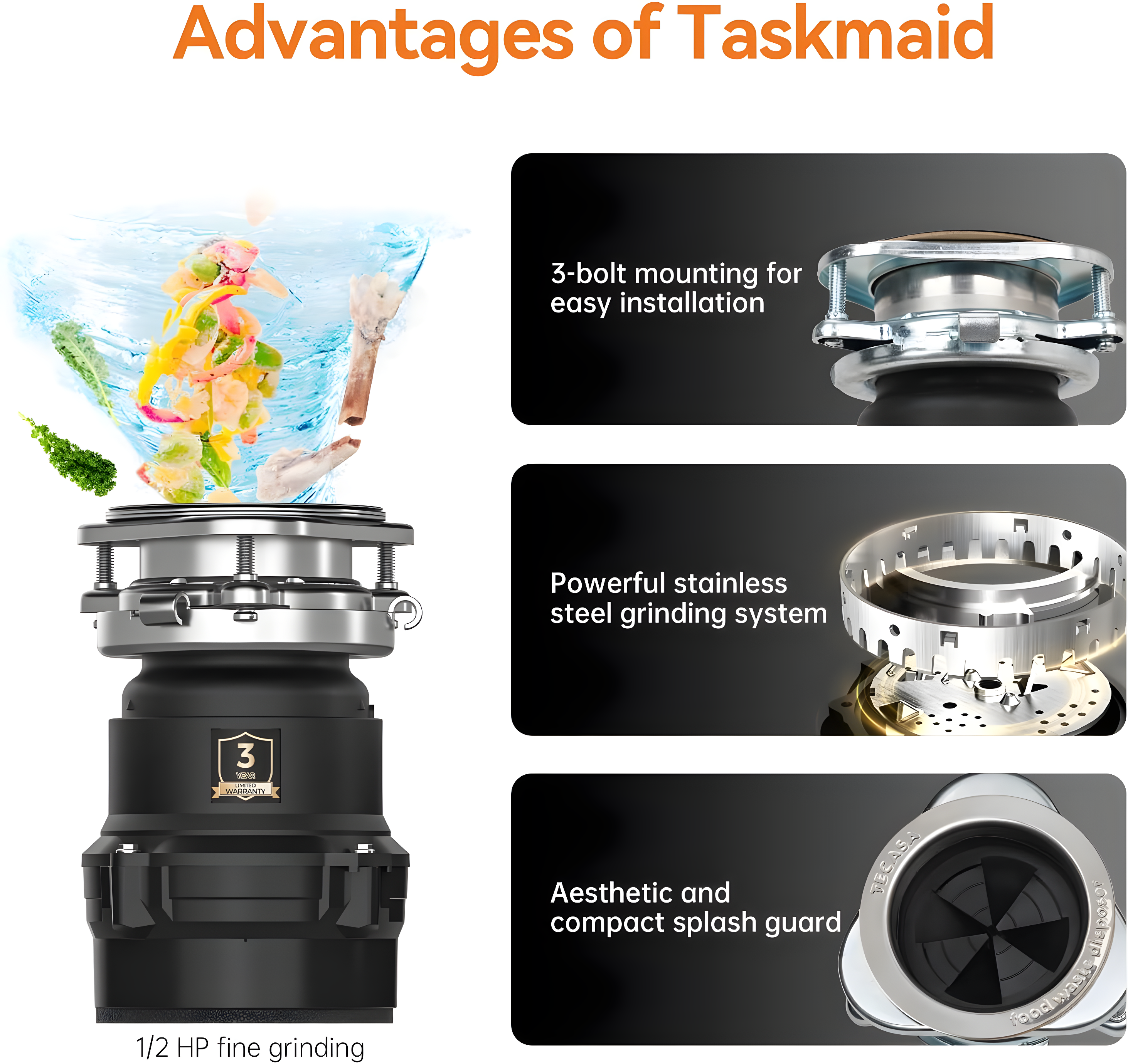 TECASA 1/2 Hp Garbage Disposals, 2600 Rpm, 30.4 Oz, 115v, With Power Cord