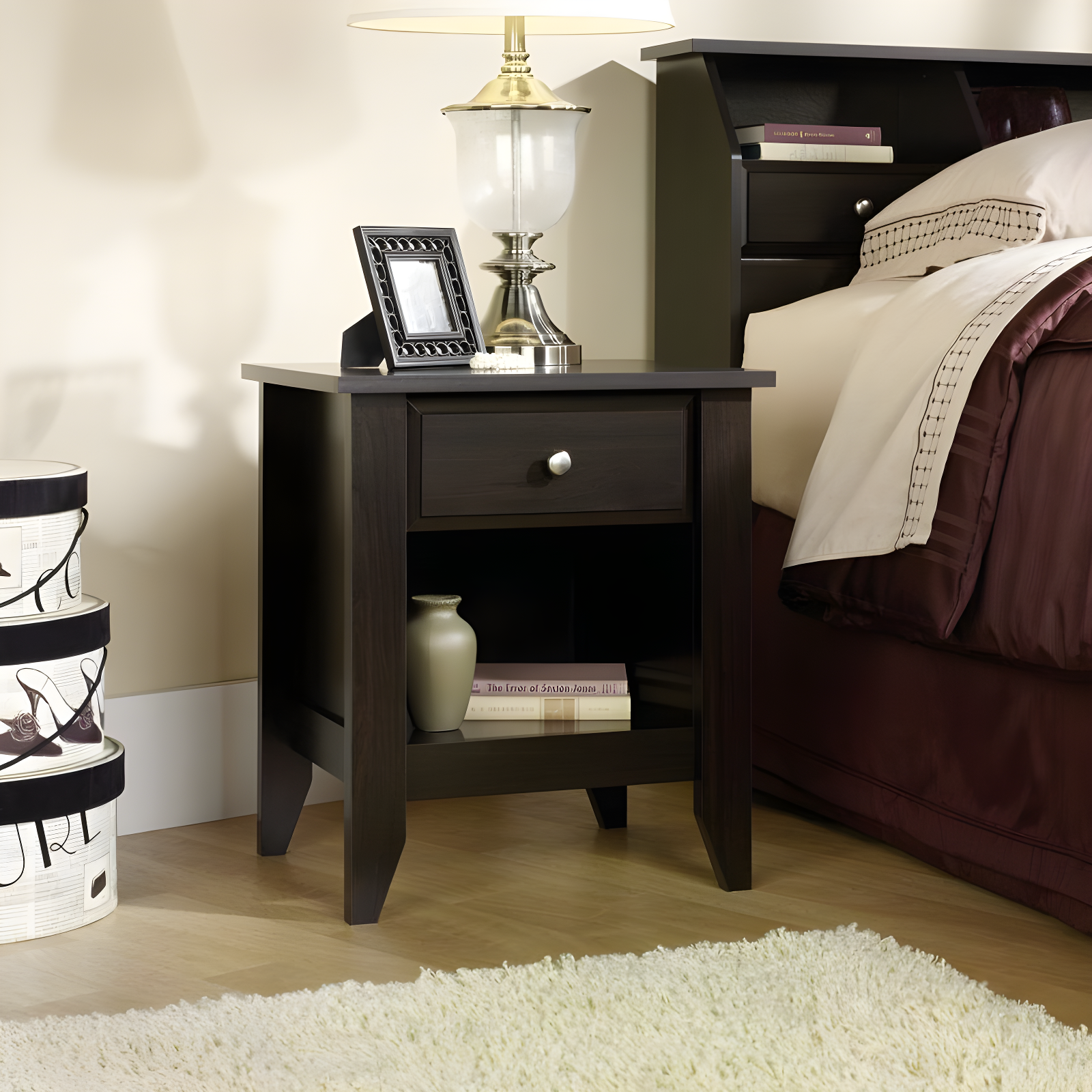 Shoal Creek Nightstand with Drawer & Storage Shelf - Jamocha Wood - Sauder: Laminated Particle Board, Rectangular Design