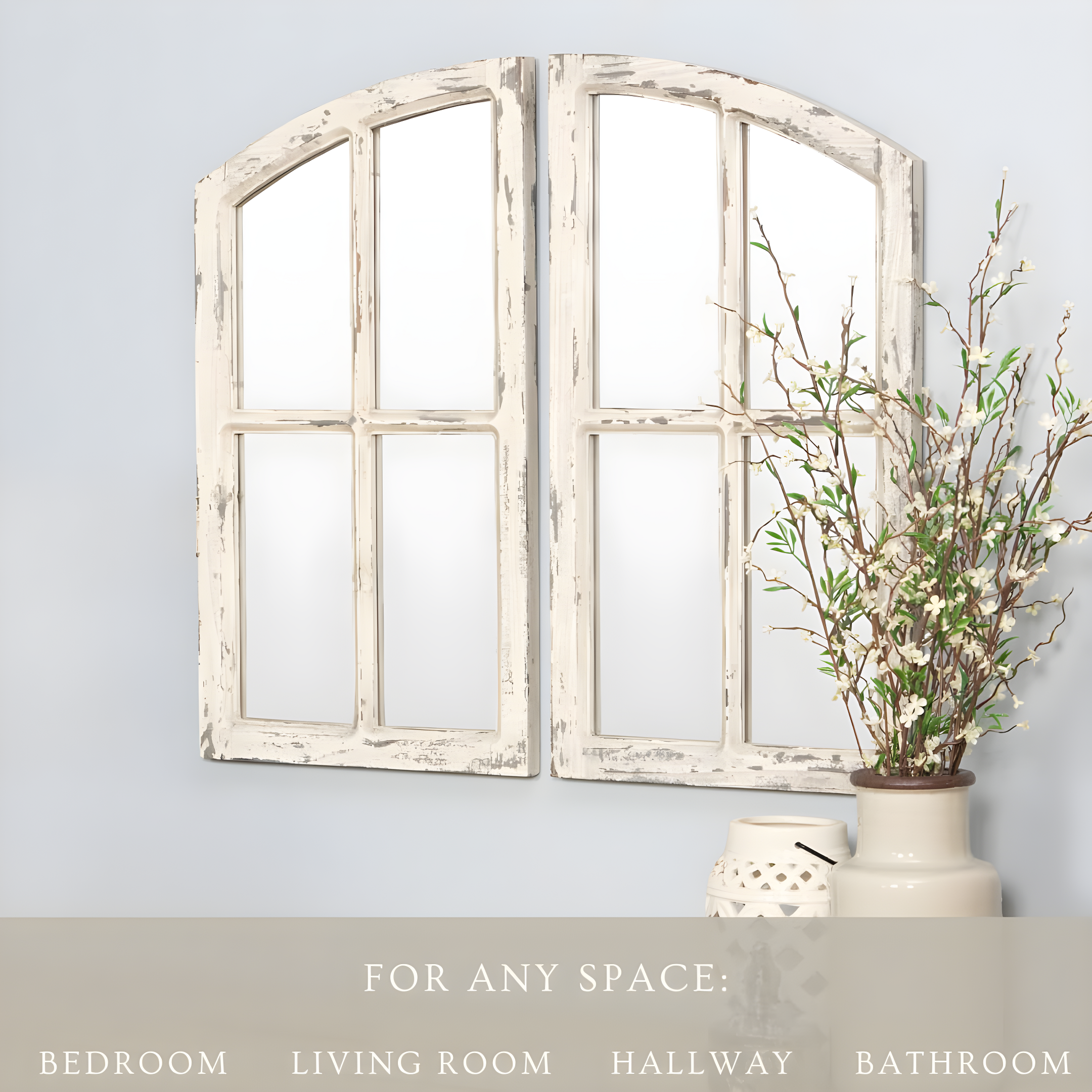 Jolene Arch Window Pane Mirrors Off-White 27" x 15" (Set of 2) by Aspire