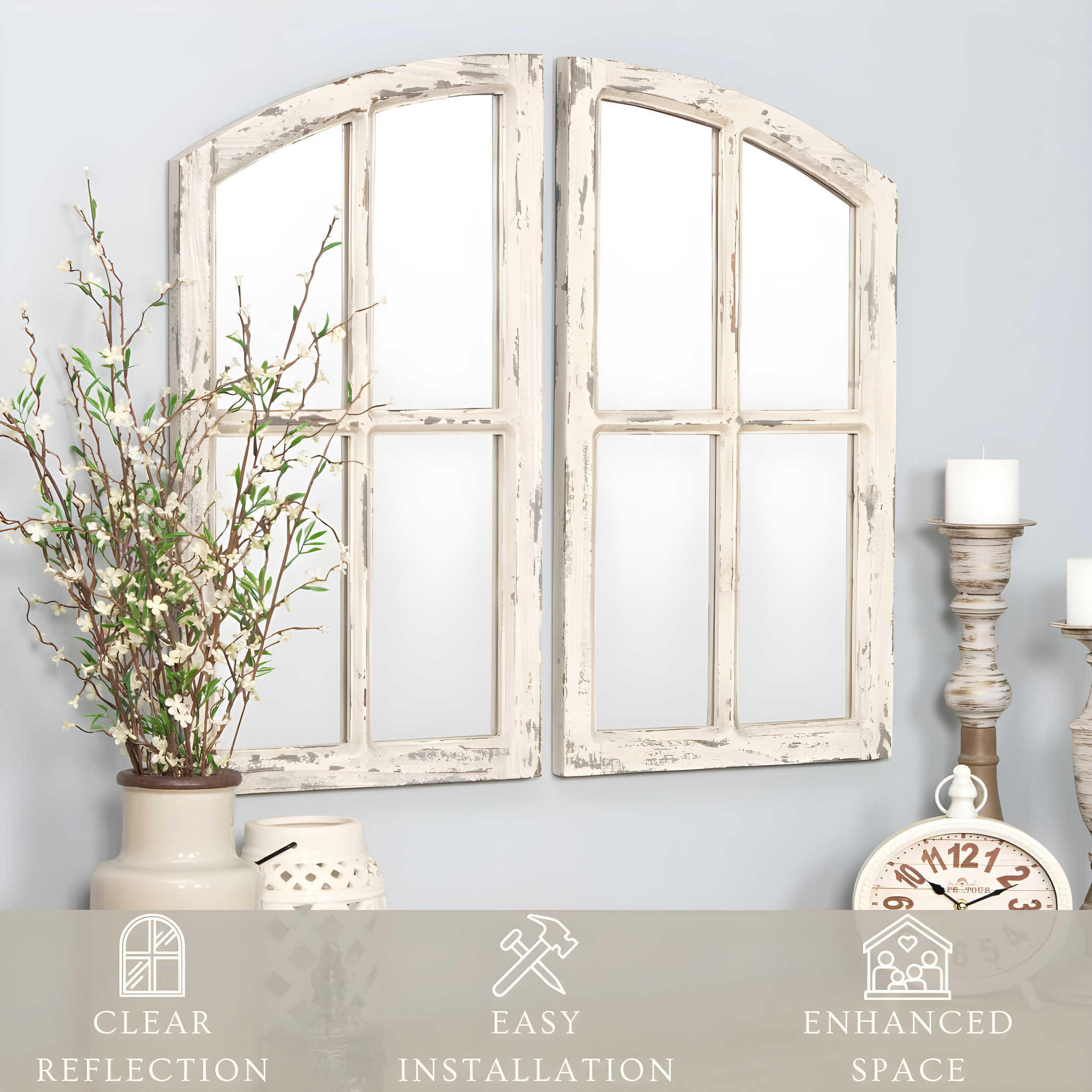 Jolene Arch Window Pane Mirrors Off-White 27" x 15" (Set of 2) by Aspire