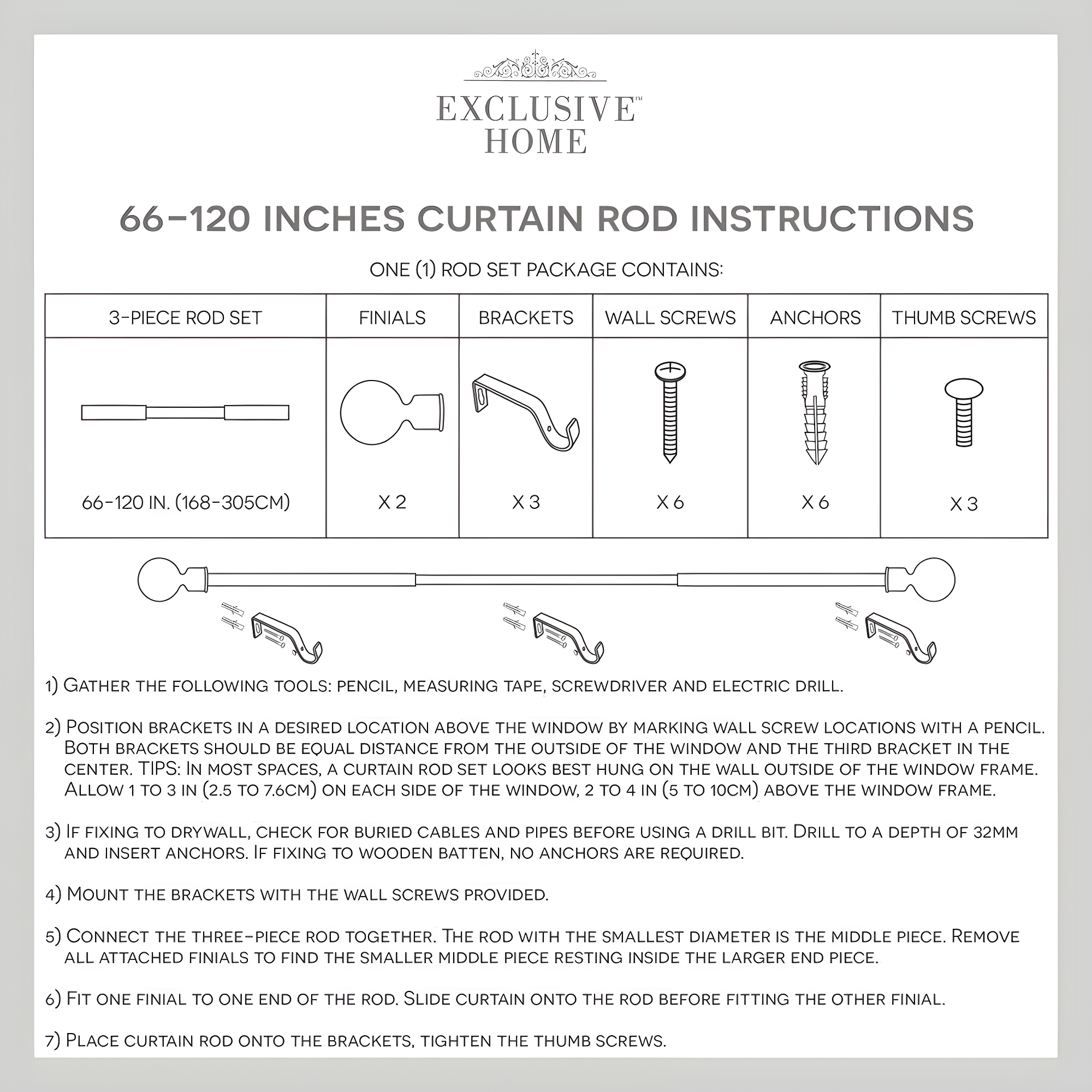 Amalgamated Textiles Exclusive Home Lancelot 1" Window Curtain Rod and Finial Set, Adjustable