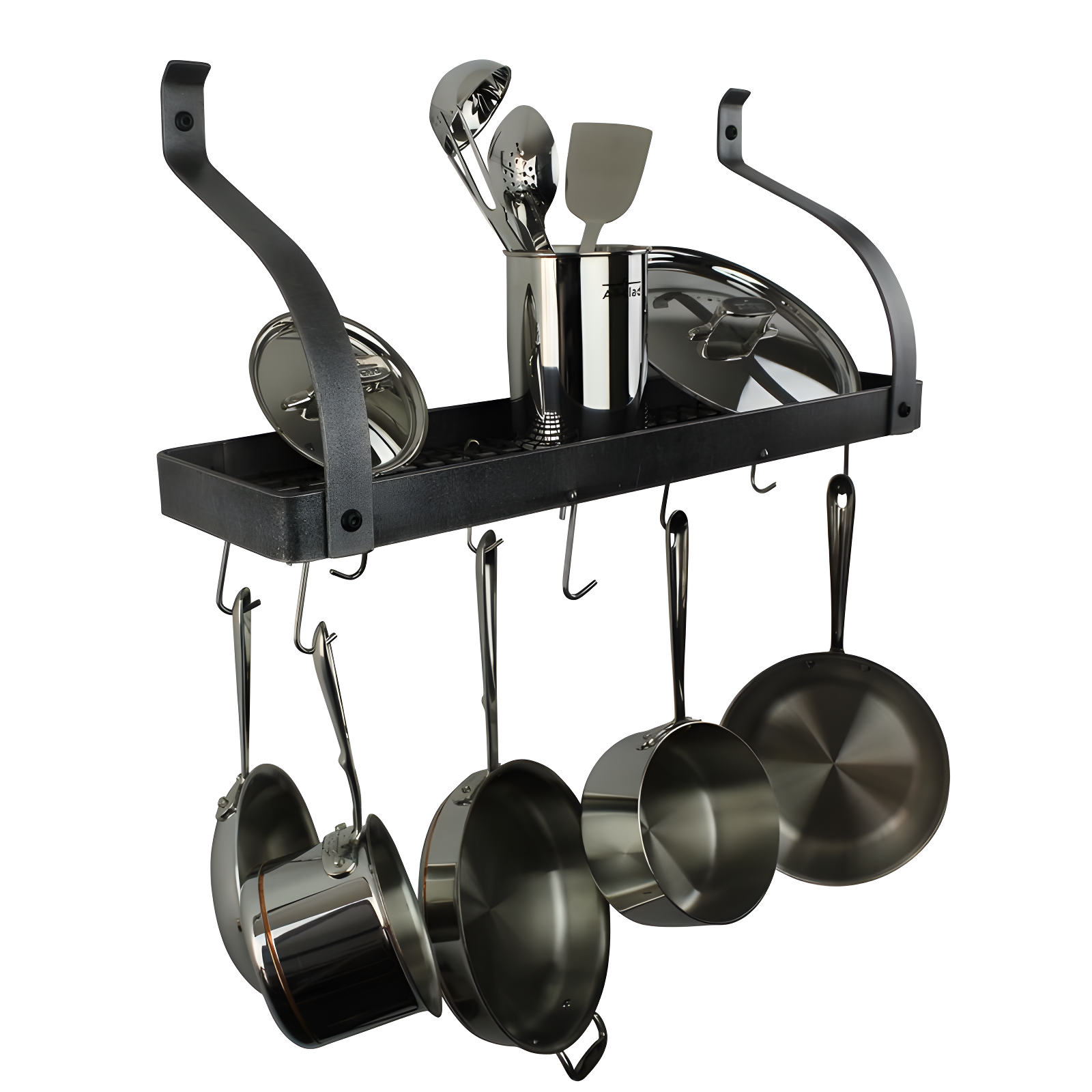 Handcrafted Gourmet Bookshelf Wall Rack with Curved Arms & 12 Hooks